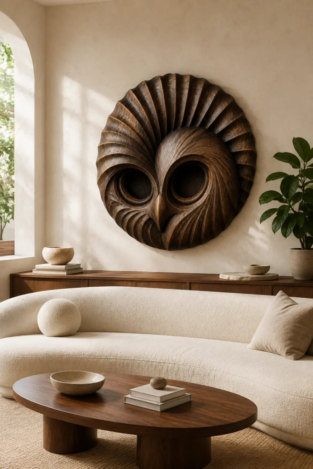 Handcrafted Wooden Owl Head Wall Sculpture | Round Feather Relief Art Decor