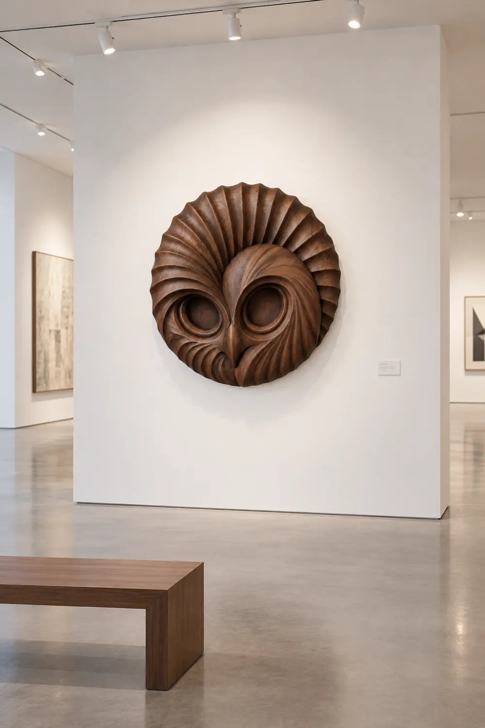 Handcrafted Wooden Owl Head Wall Sculpture | Round Feather Relief Art Decor