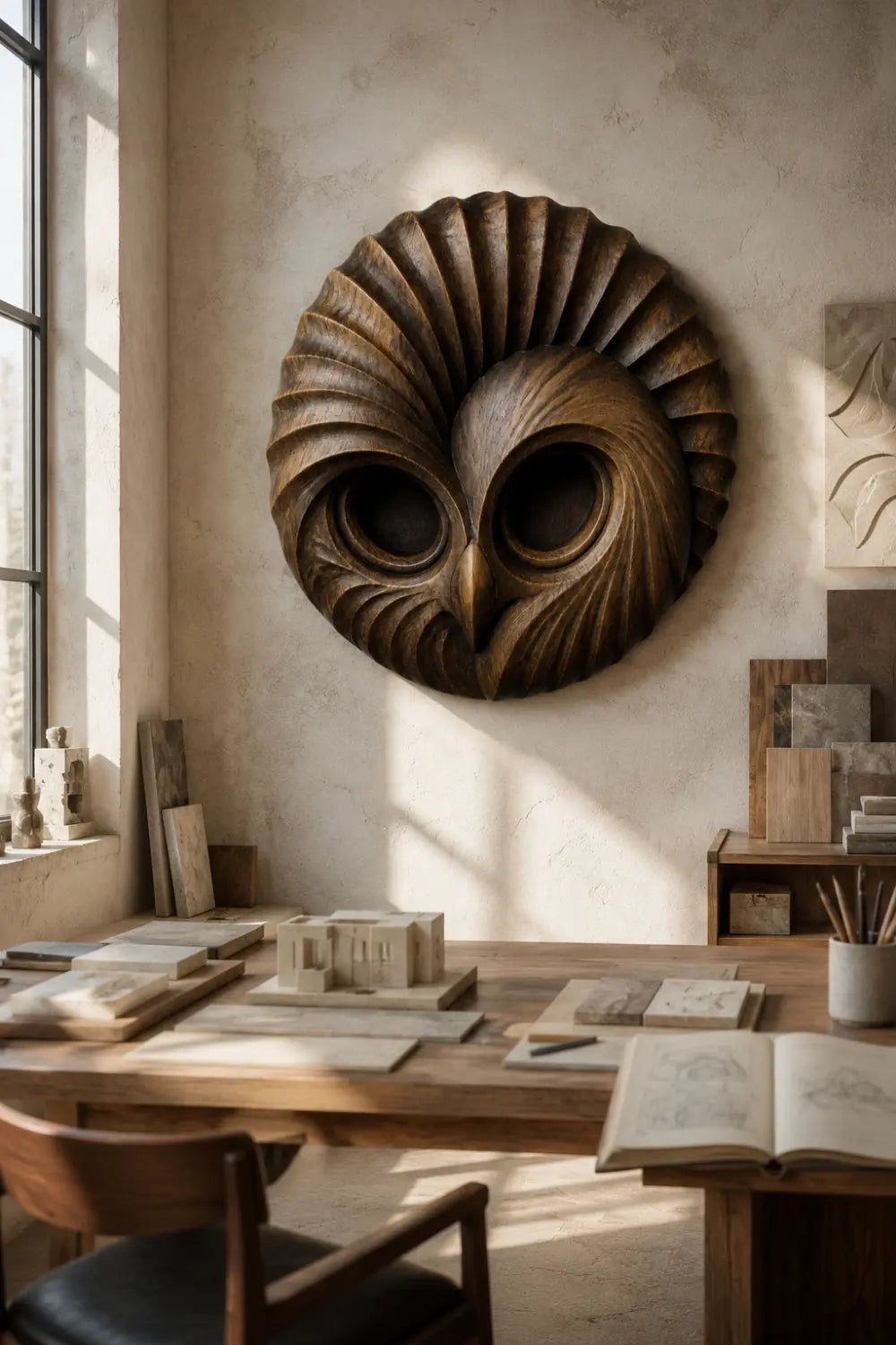 Handcrafted Wooden Owl Head Wall Sculpture | Round Feather Relief Art Decor
