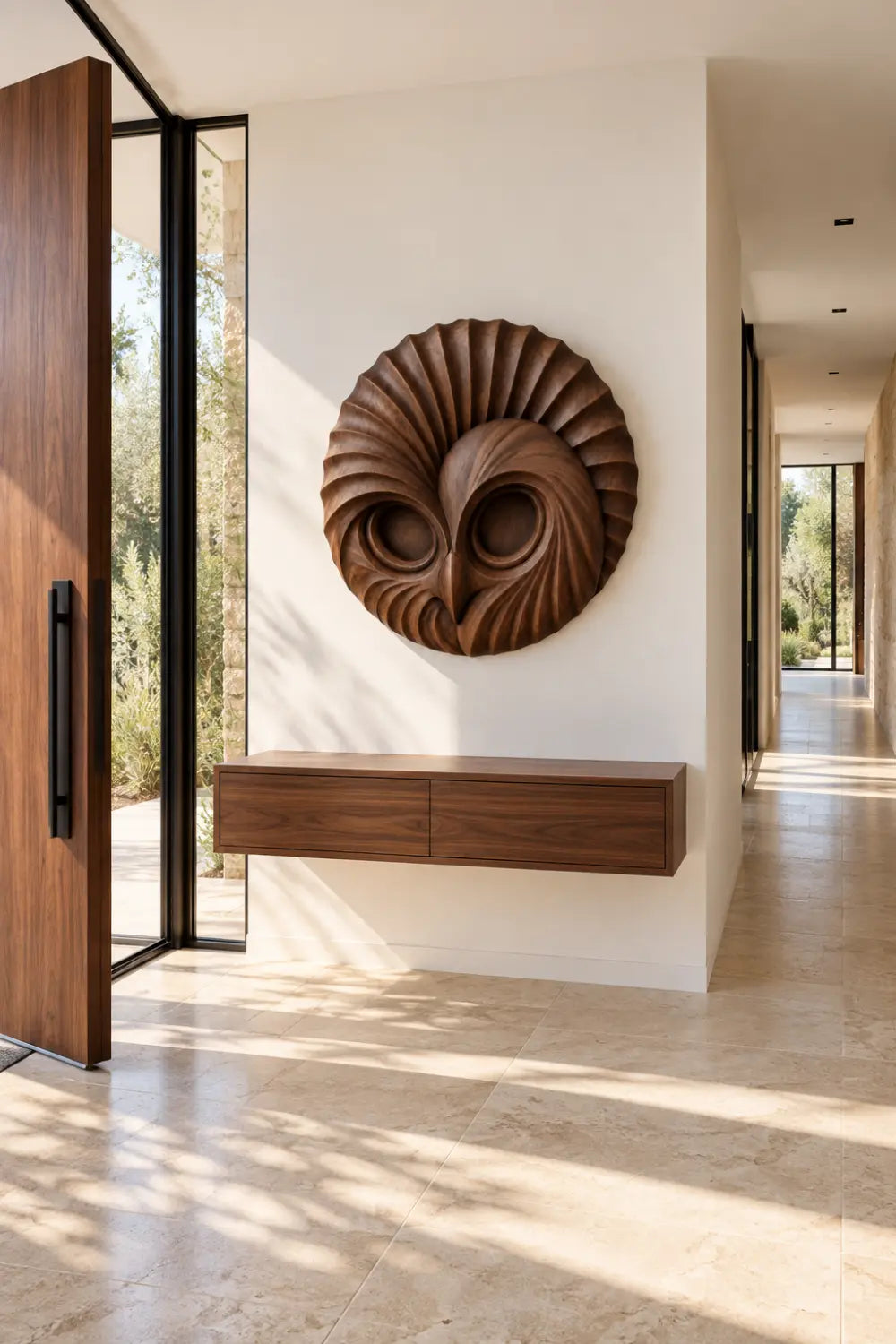 Handcrafted Wooden Owl Head Wall Sculpture | Round Feather Relief Art Decor