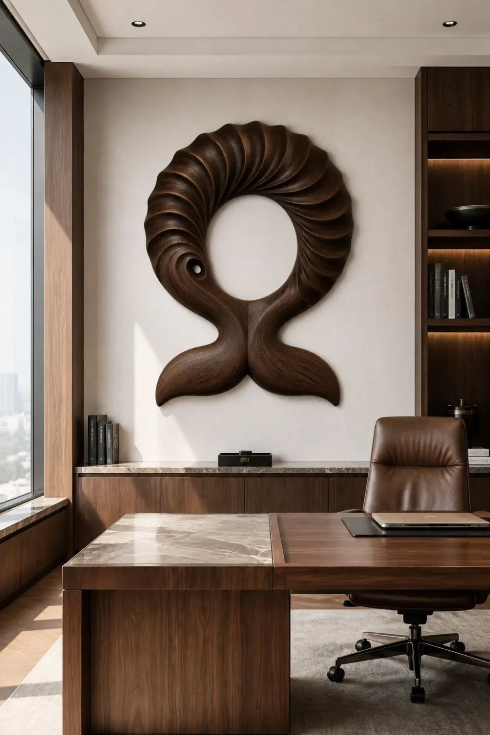 Abstract Wooden Whale Tail Wall Sculpture | Ribbed Loop Relief Art Decor