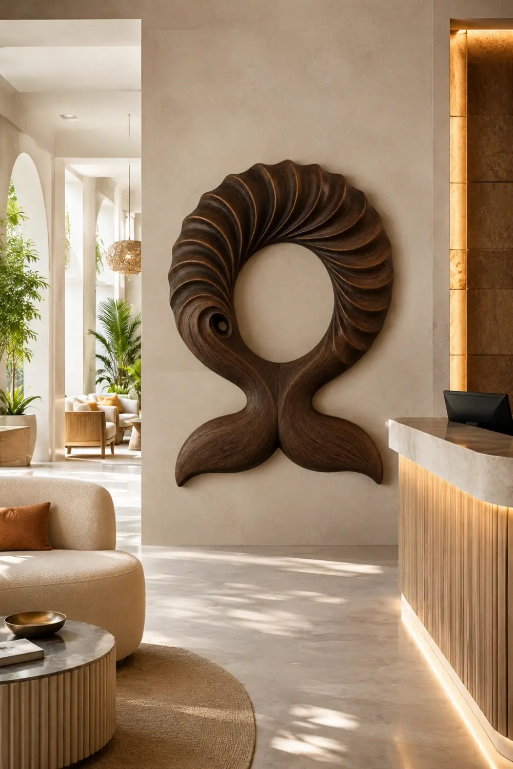 Abstract Wooden Whale Tail Wall Sculpture | Ribbed Loop Relief Art Decor