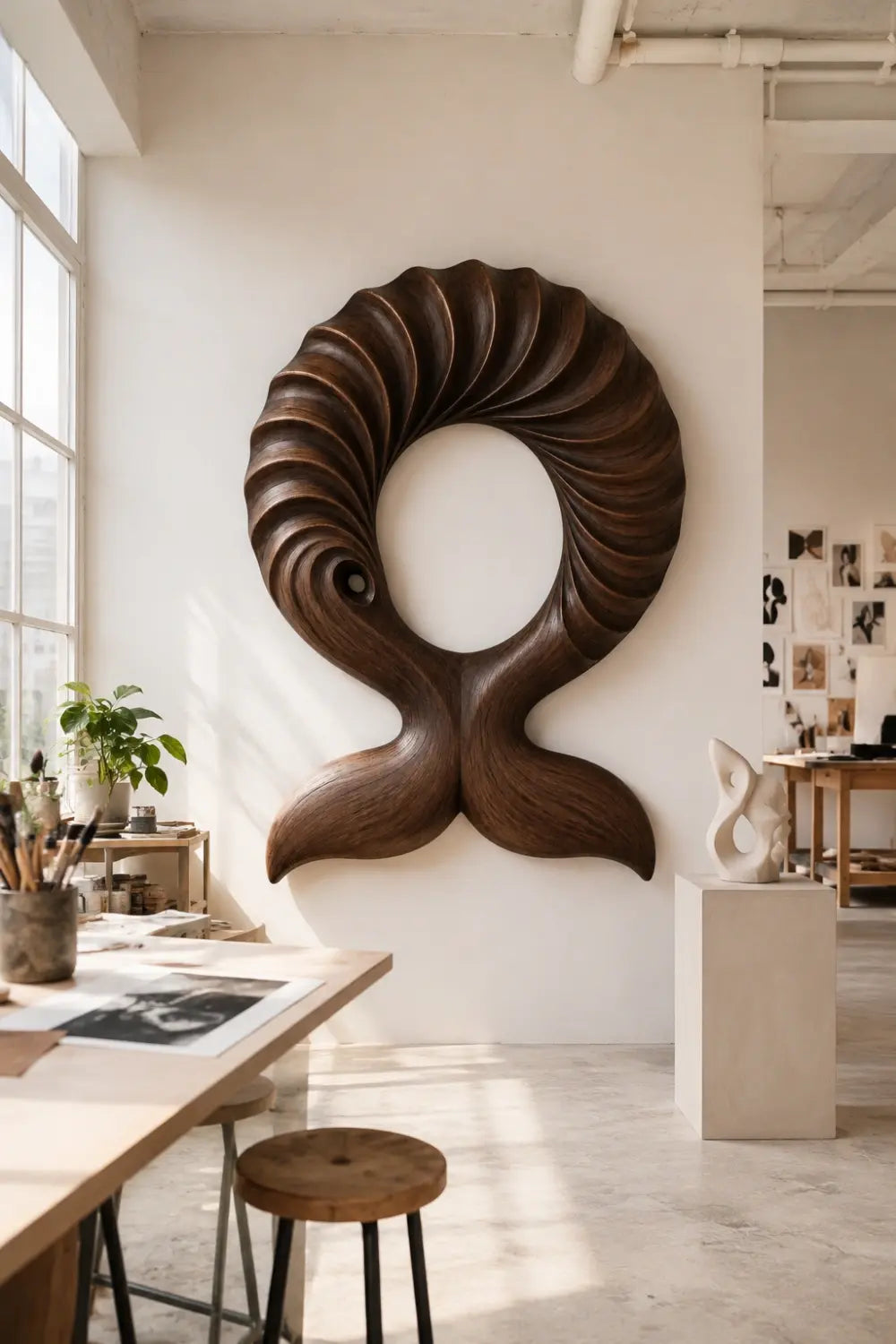 Abstract Wooden Whale Tail Wall Sculpture | Ribbed Loop Relief Art Decor