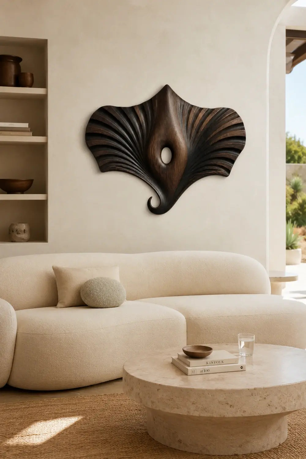 Modern Wooden Manta Ray Wall Sculpture | Carved Winged Oceanic Relief Decor