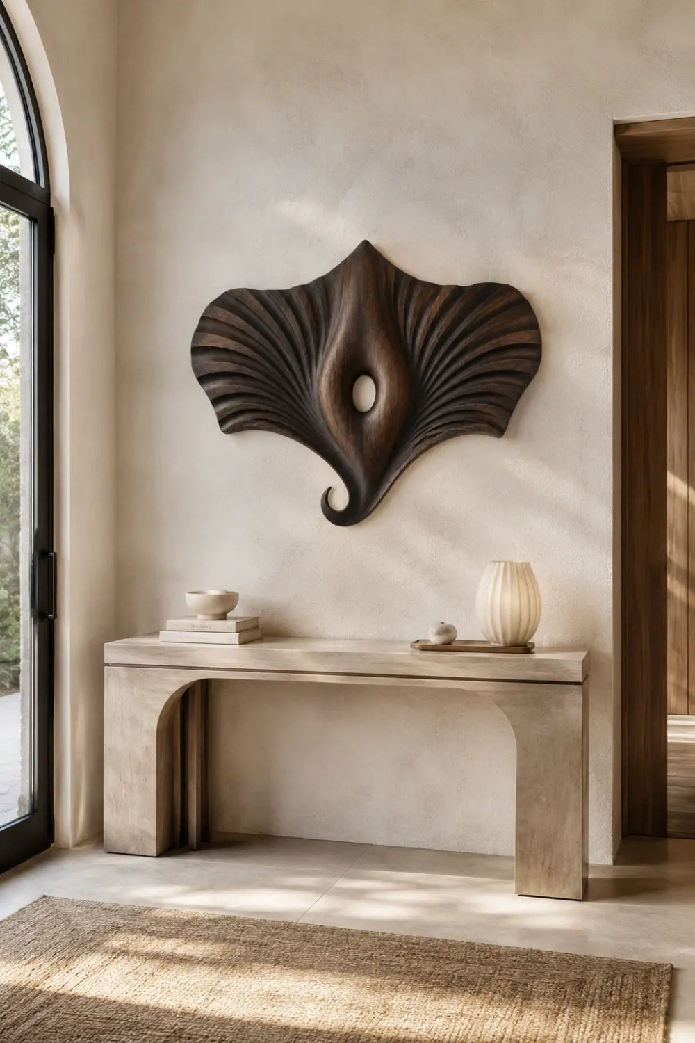 Modern Wooden Manta Ray Wall Sculpture | Carved Winged Oceanic Relief Decor