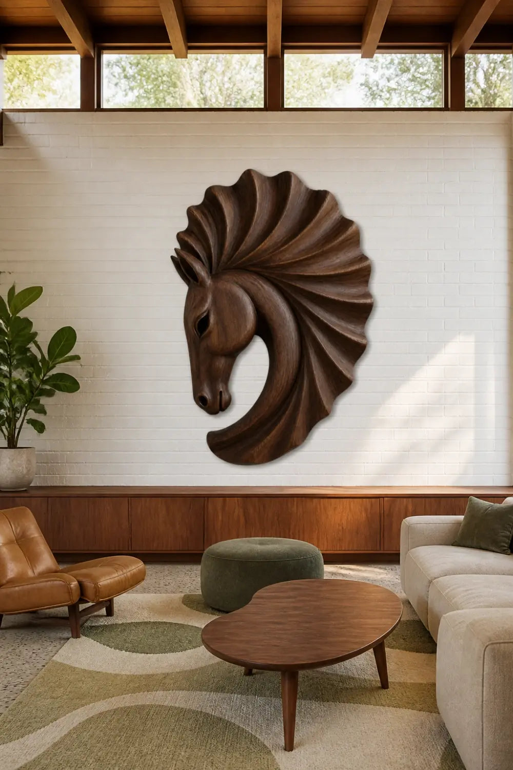 Carved Wooden Horse Head Wall Sculpture | Scalloped Equine Relief Decor