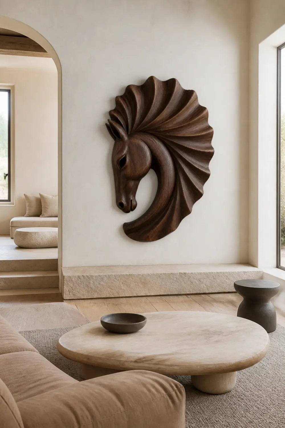 Carved Wooden Horse Head Wall Sculpture | Scalloped Equine Relief Decor