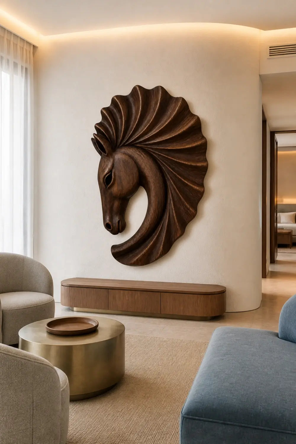Carved Wooden Horse Head Wall Sculpture | Scalloped Equine Relief Decor