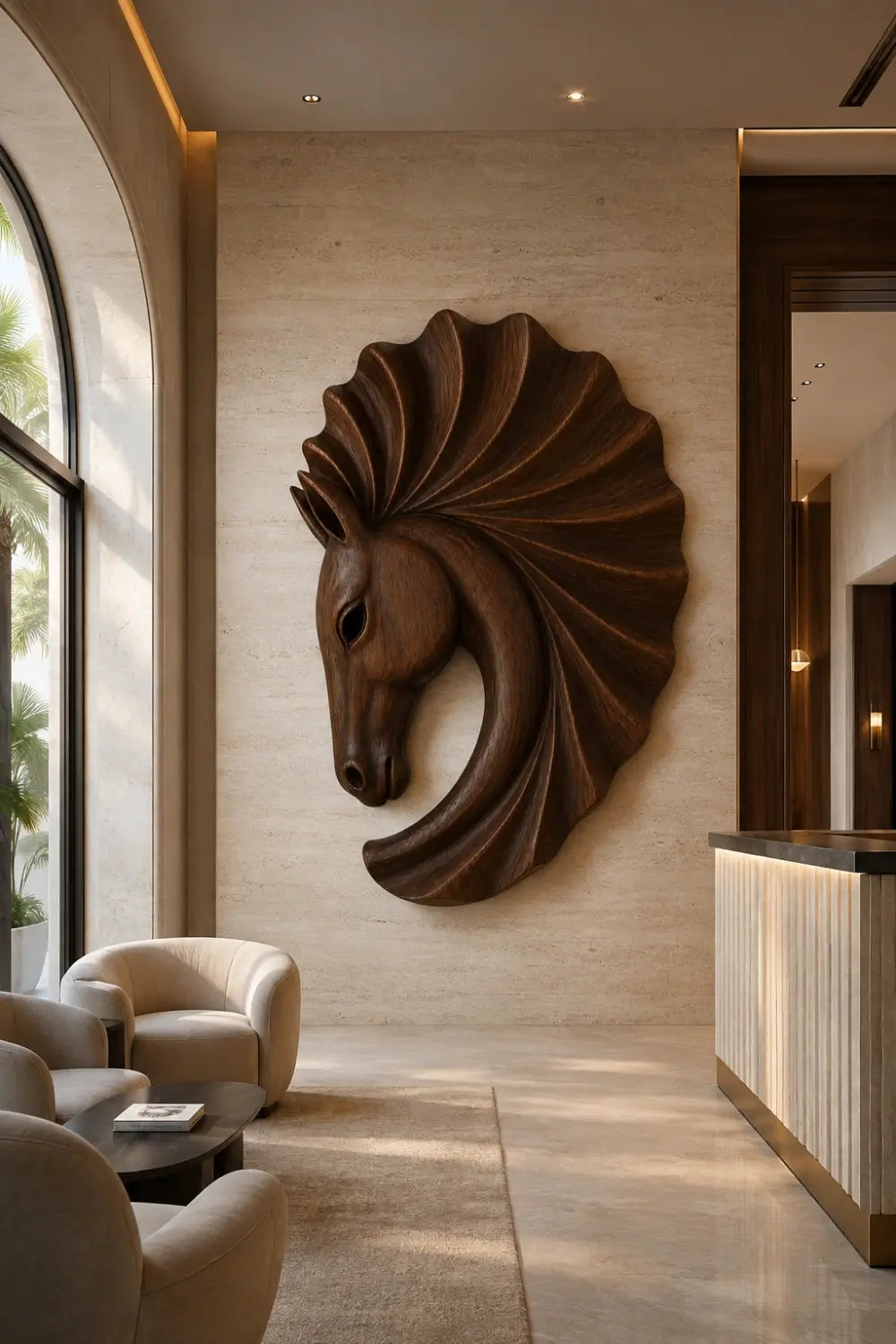 Carved Wooden Horse Head Wall Sculpture | Scalloped Equine Relief Decor