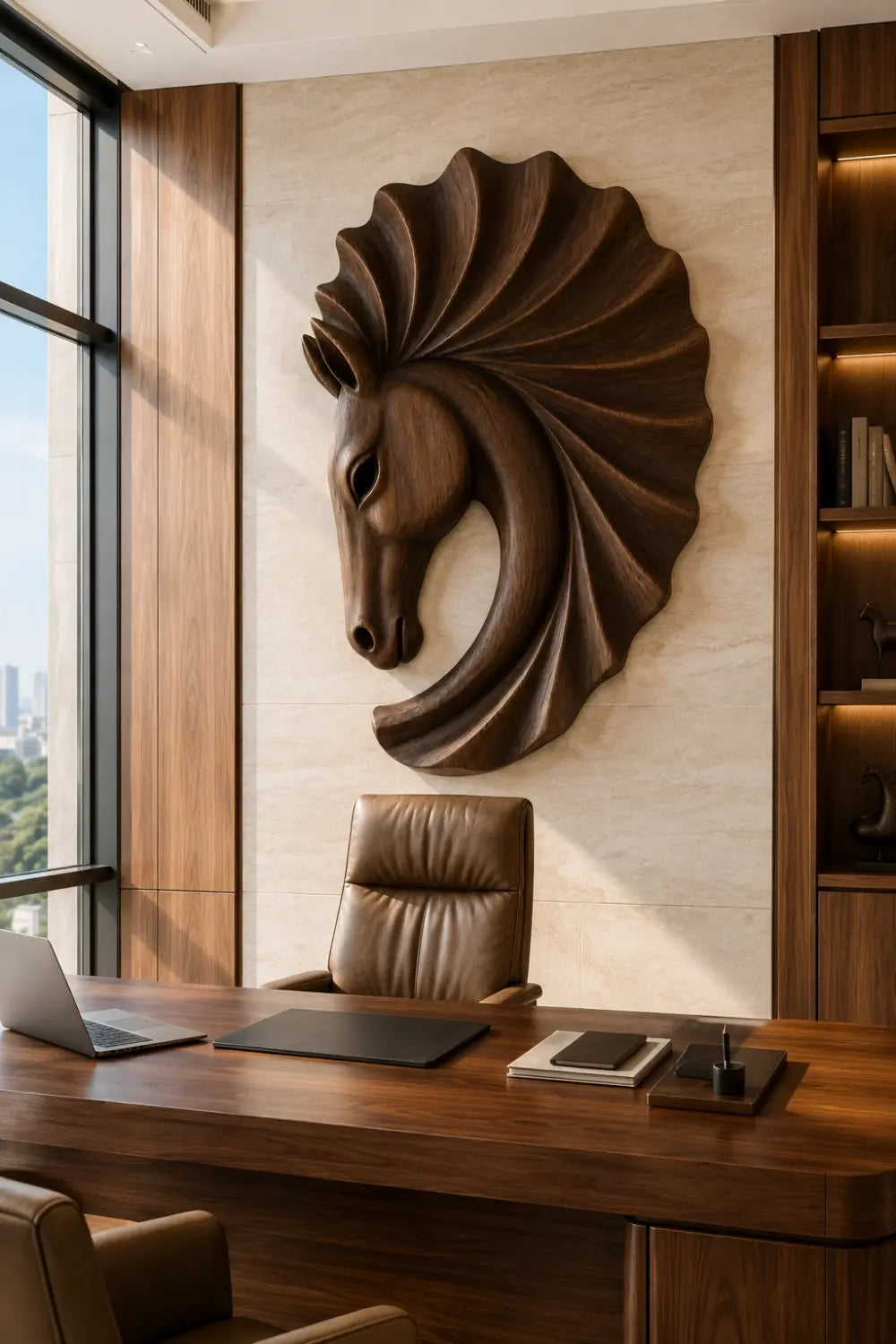 Carved Wooden Horse Head Wall Sculpture | Scalloped Equine Relief Decor