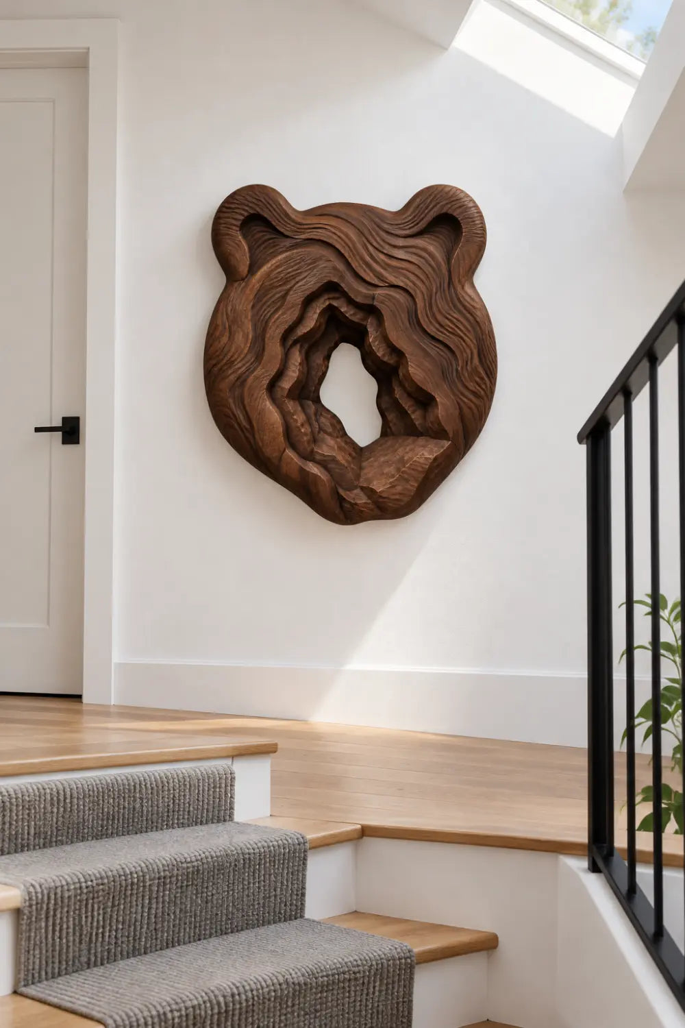 Carved Wooden Bear Head Wall Sculpture | Rustic Layered Wildlife Relief Decor