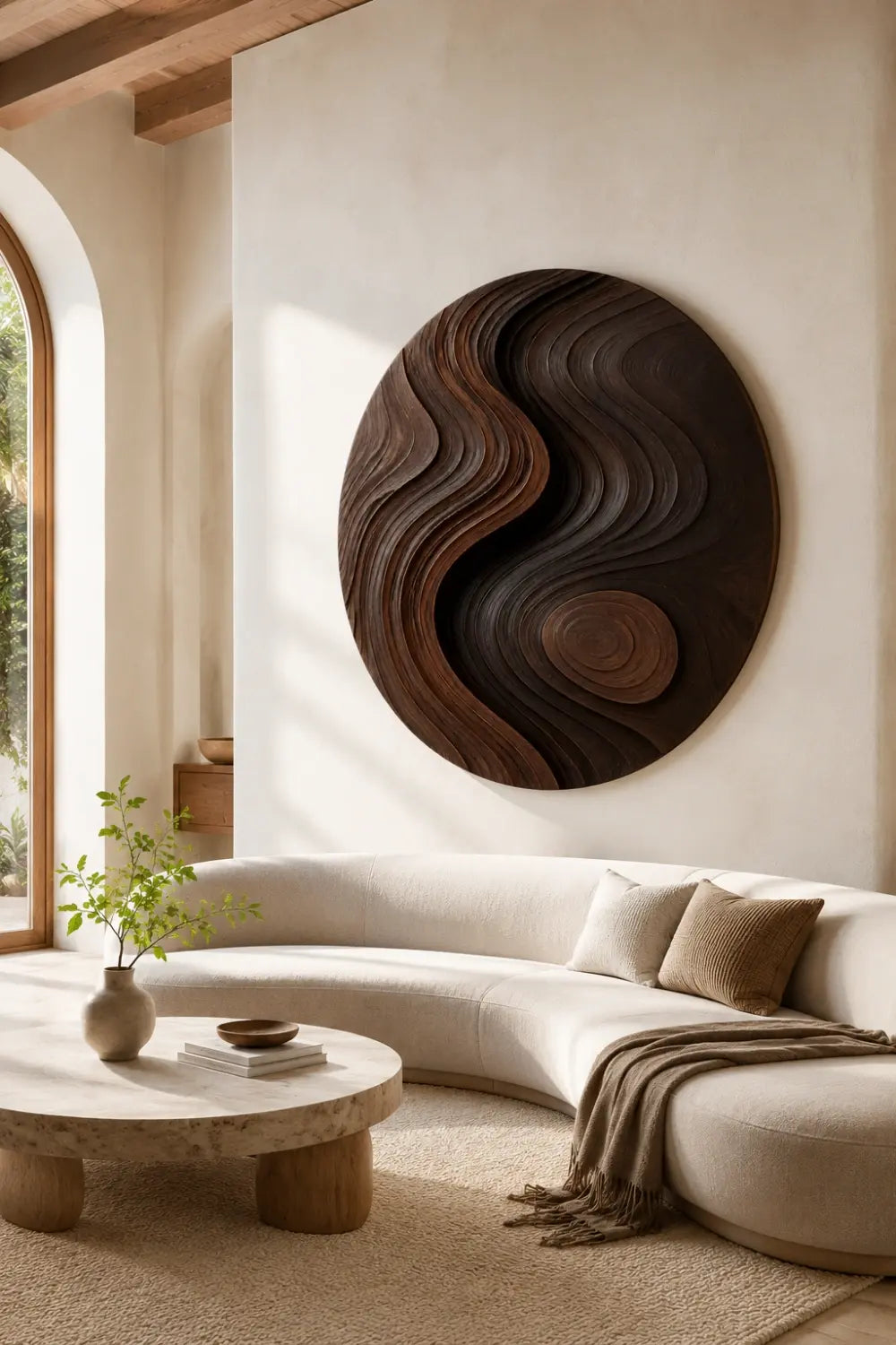 Zen Circular Wood Wall Art Sculpture | Flowing Contour Relief Decor Plaque