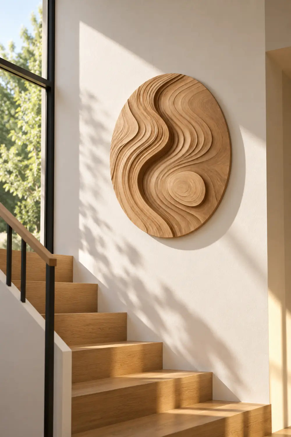 Zen Circular Wood Wall Art Sculpture | Flowing Contour Relief Decor Plaque
