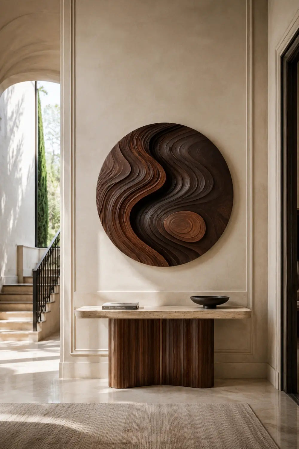 Zen Circular Wood Wall Art Sculpture | Flowing Contour Relief Decor Plaque