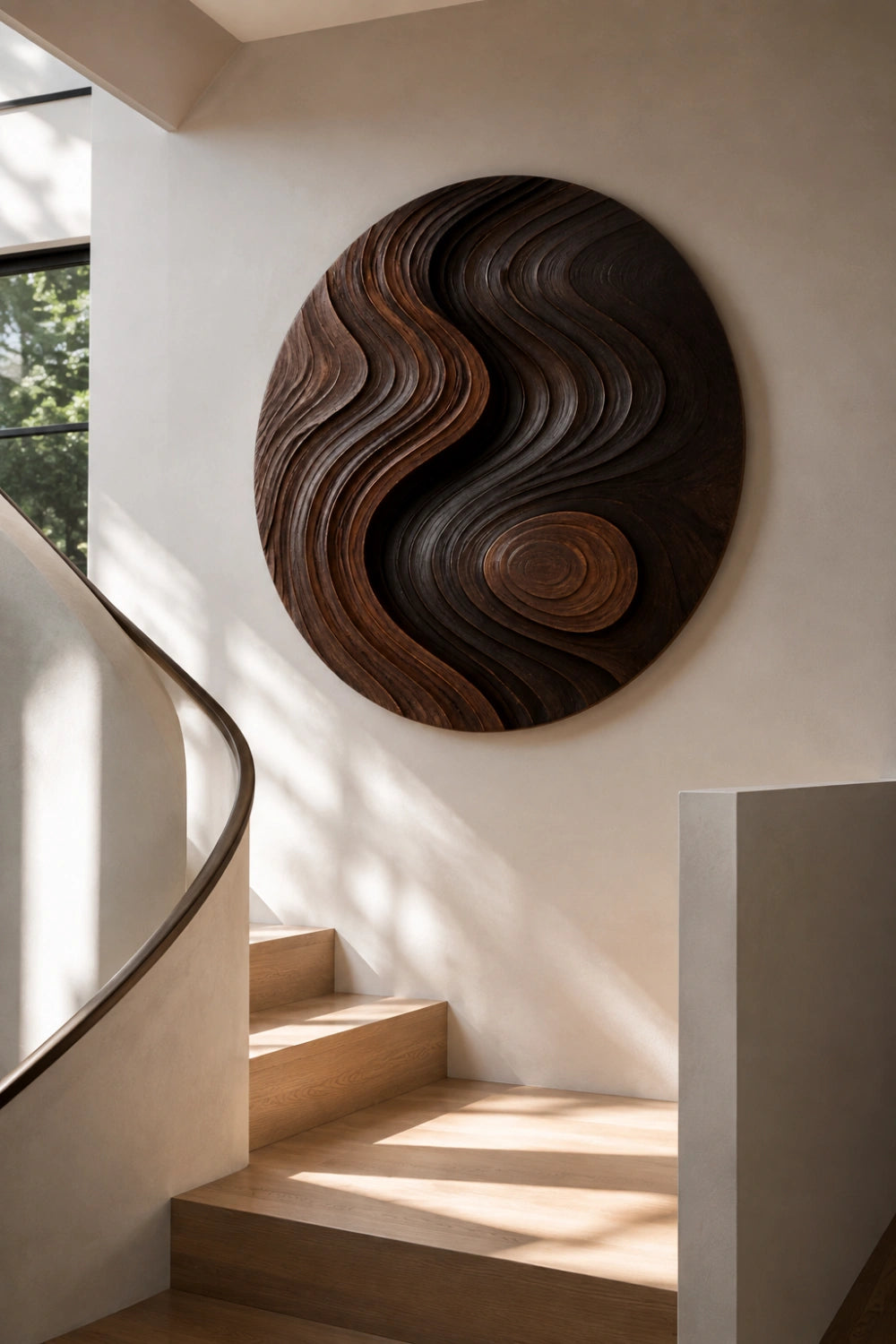 Zen Circular Wood Wall Art Sculpture | Flowing Contour Relief Decor Plaque