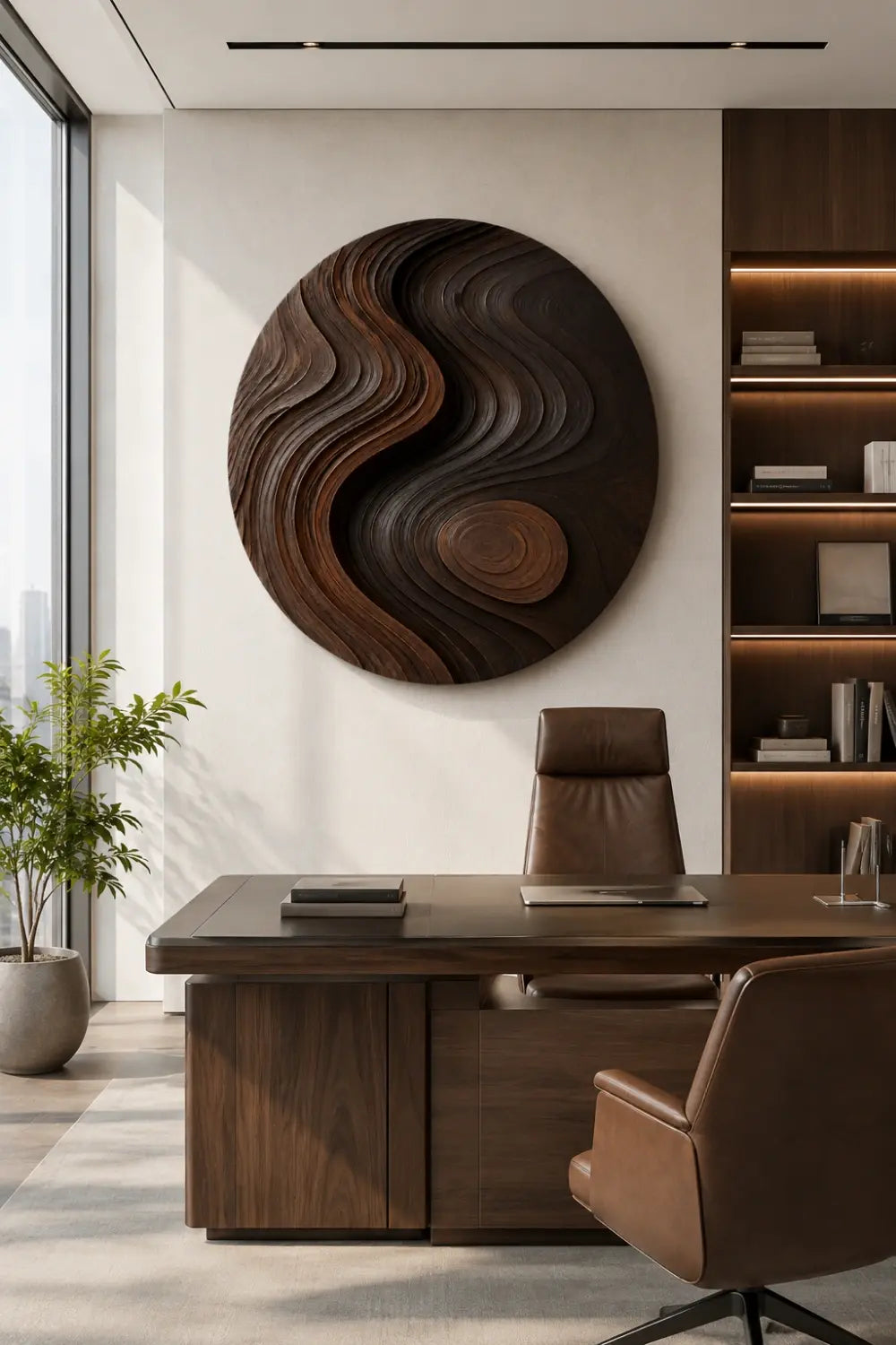 Zen Circular Wood Wall Art Sculpture | Flowing Contour Relief Decor Plaque