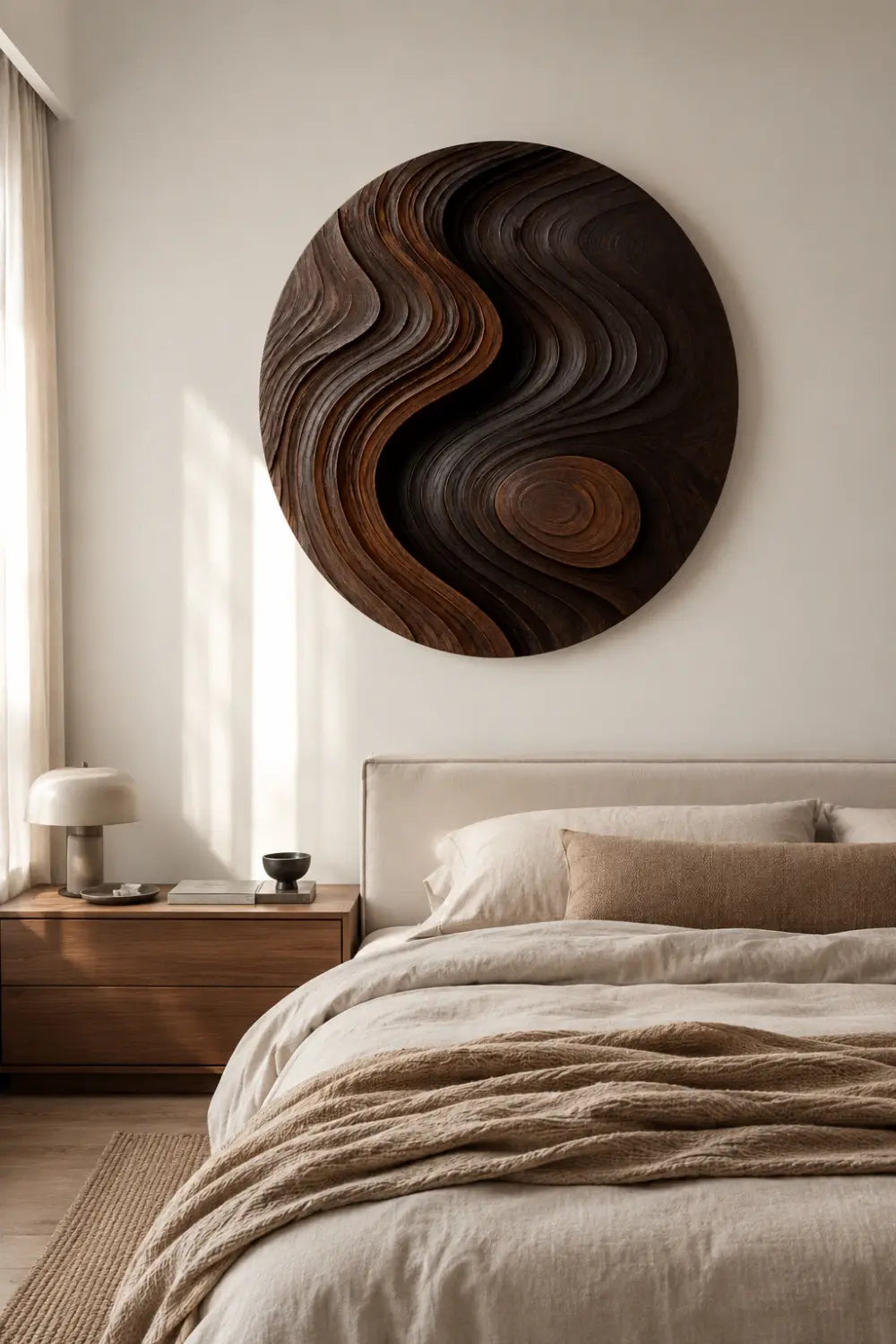 Zen Circular Wood Wall Art Sculpture | Flowing Contour Relief Decor Plaque