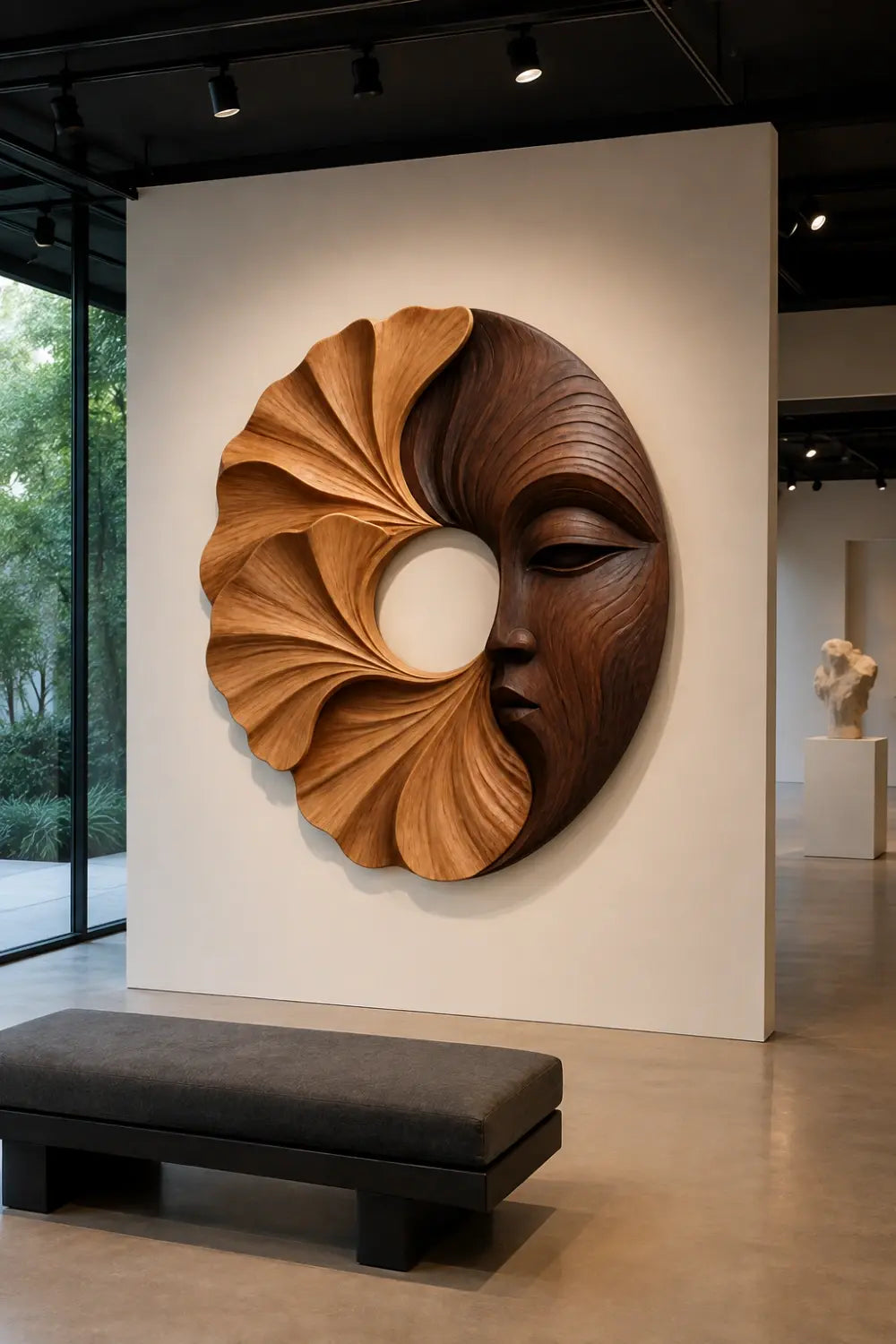 Carved Wooden Floral Face Wall Sculpture | Two-Tone Circular Relief Decor