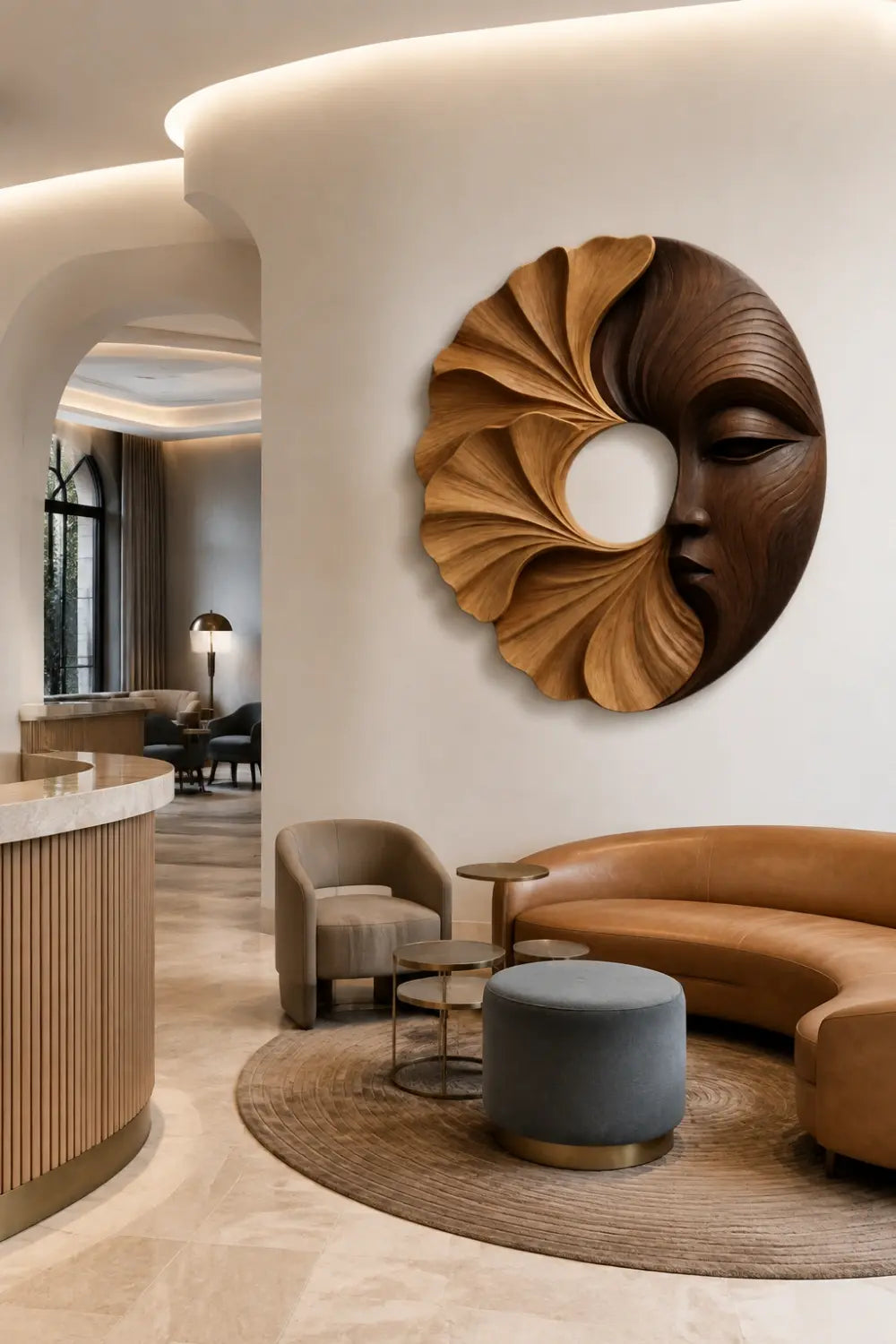 Carved Wooden Floral Face Wall Sculpture | Two-Tone Circular Relief Decor