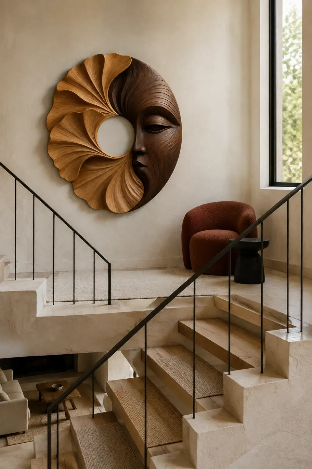 Carved Wooden Floral Face Wall Sculpture | Two-Tone Circular Relief Decor
