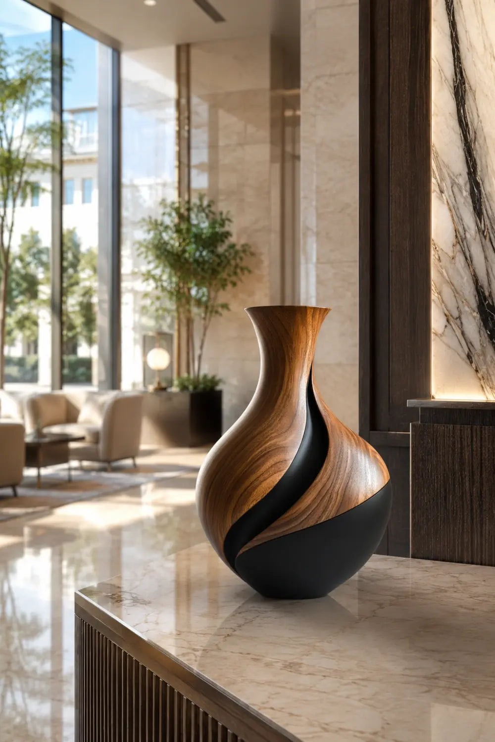 Two-Tone Wood Vase Sculpture | Modern Walnut & Black Vessel | Centerpiece Decor