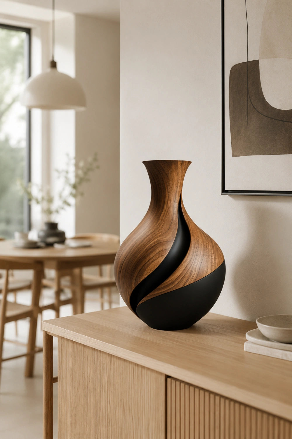 Two-Tone Wood Vase Sculpture | Modern Walnut & Black Vessel | Centerpiece Decor
