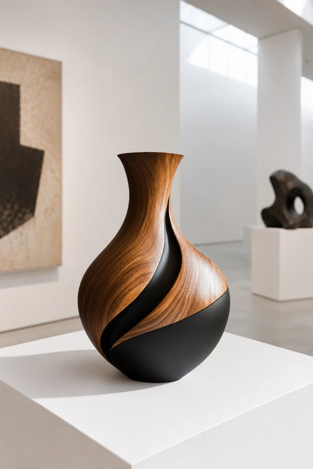 Two-Tone Wood Vase Sculpture | Modern Walnut & Black Vessel | Centerpiece Decor