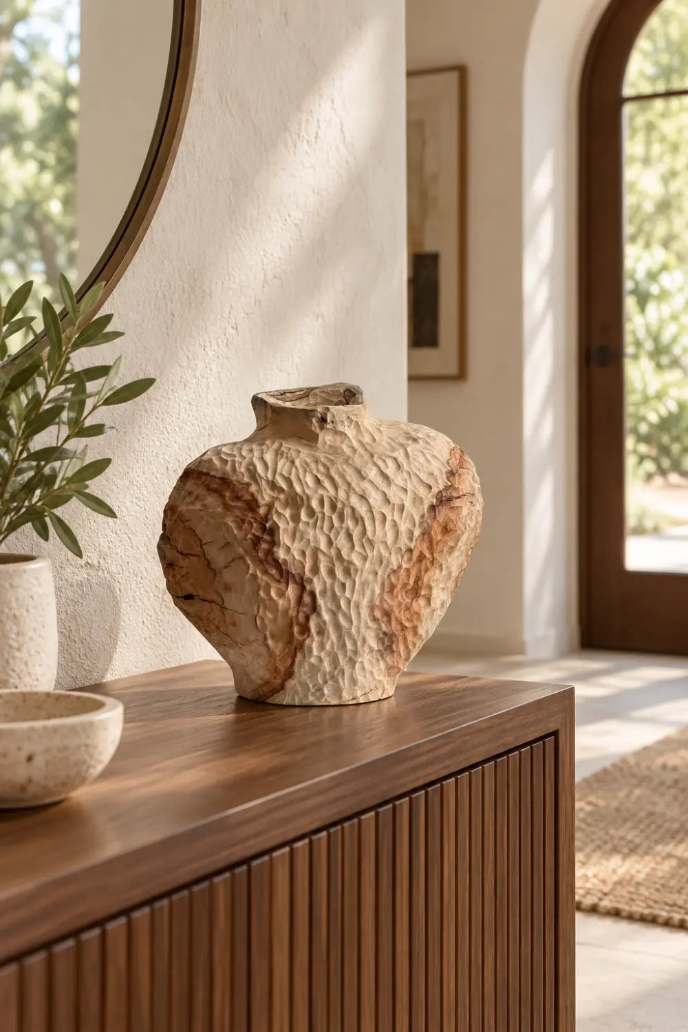 Primitive Hand Carved Wooden Vase | Wabi Sabi Textured Vessel Table Decor