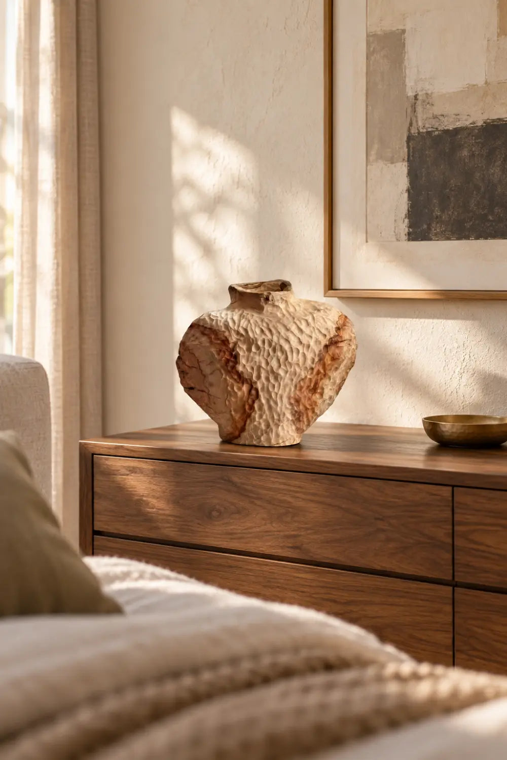 Primitive Hand Carved Wooden Vase | Wabi Sabi Textured Vessel Table Decor