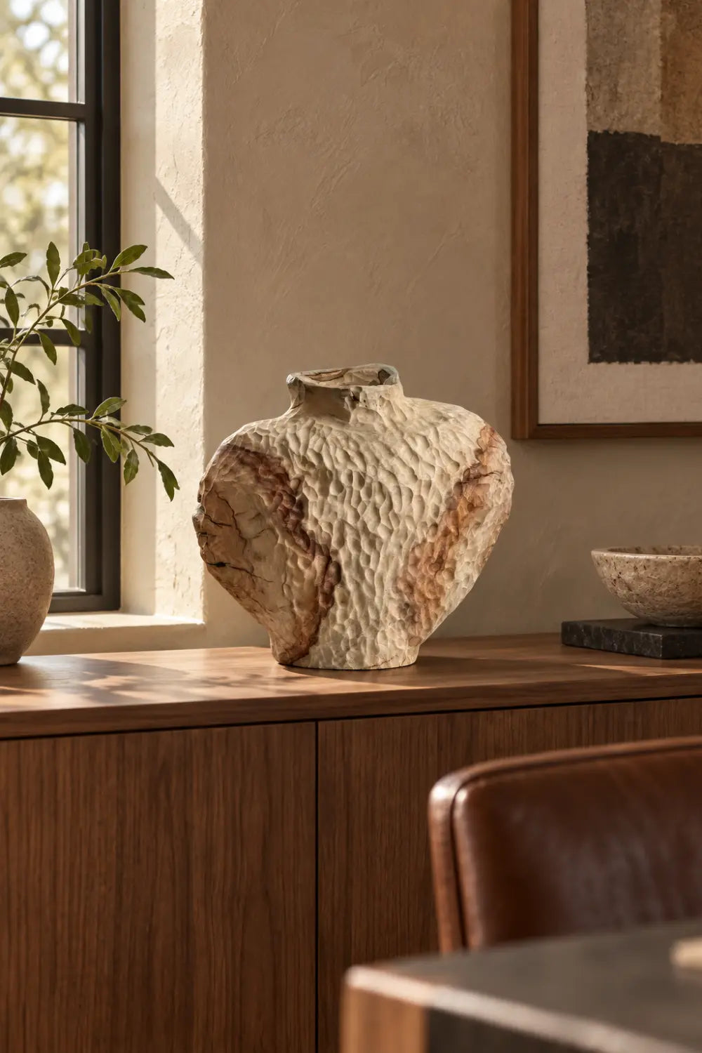 Primitive Hand Carved Wooden Vase | Wabi Sabi Textured Vessel Table Decor