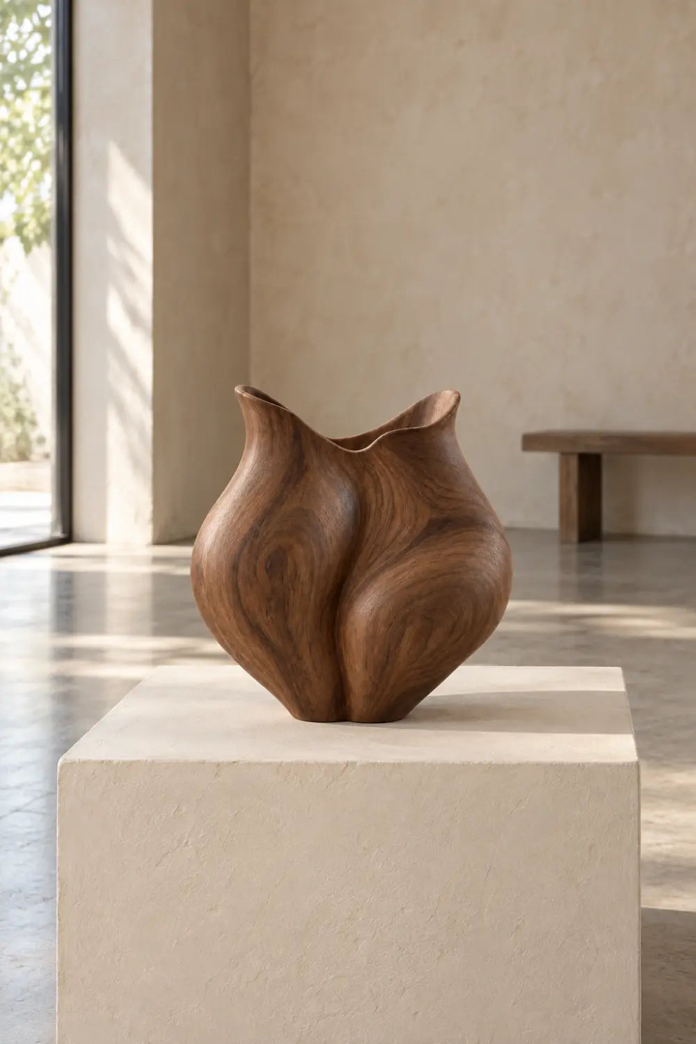 Organic Sculptural Wooden Vase | Smooth Curved Wood Vessel Accent Decor