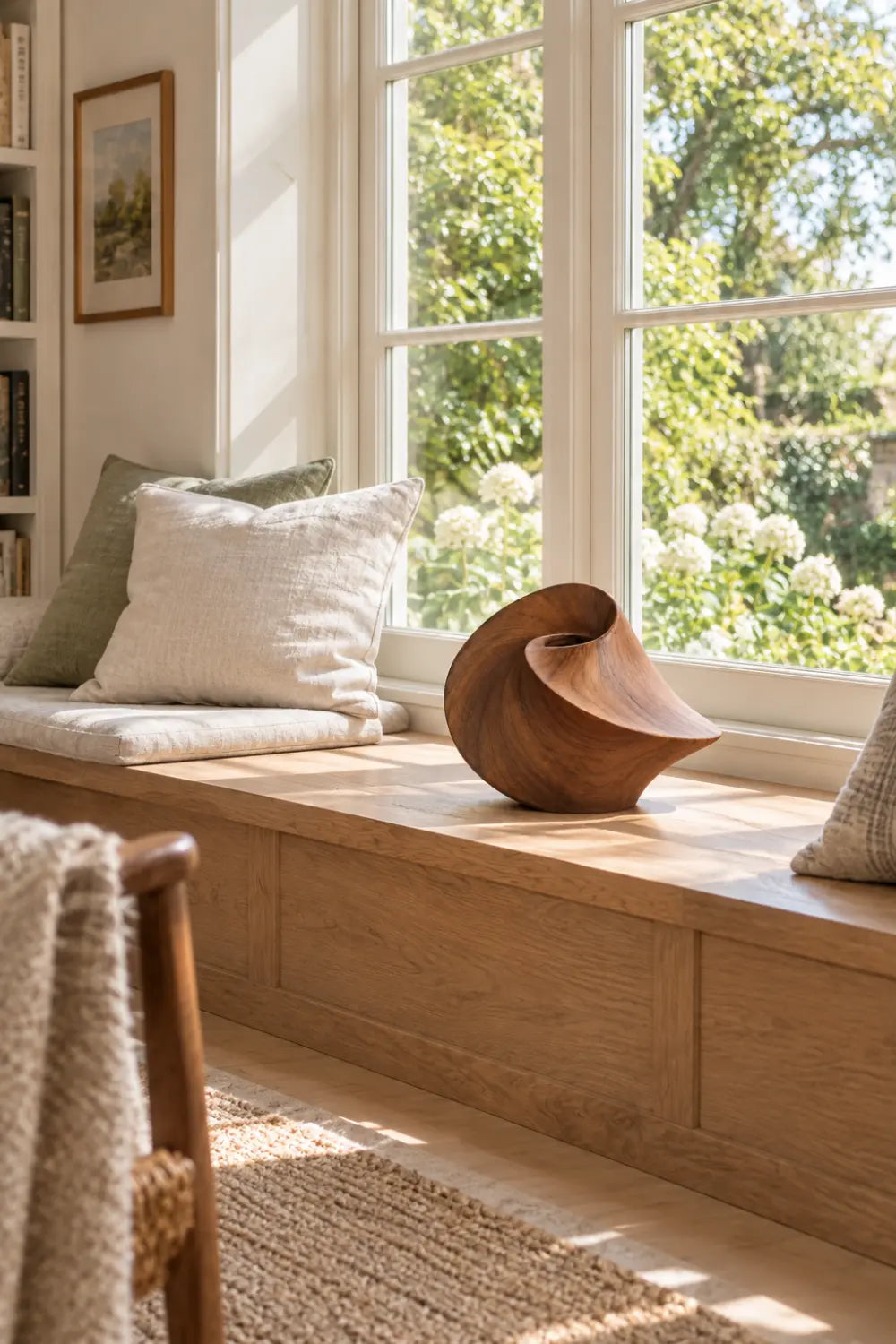 Sculptural Swirling Wooden Vase | Modern Helical Shell Vessel Tabletop Decor