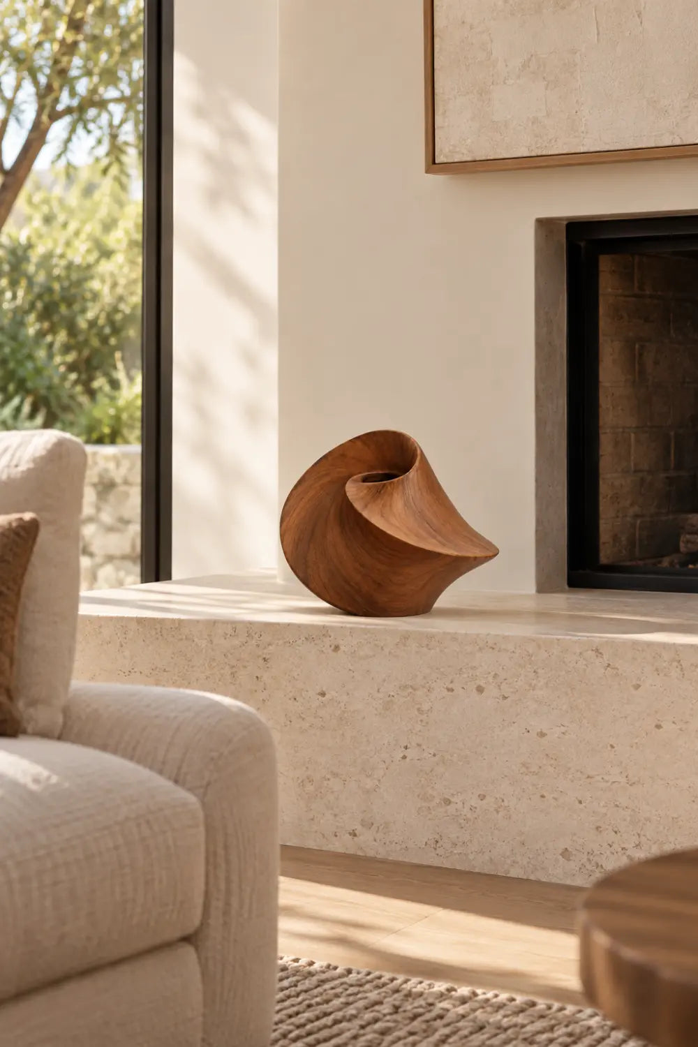 Sculptural Swirling Wooden Vase | Modern Helical Shell Vessel Tabletop Decor