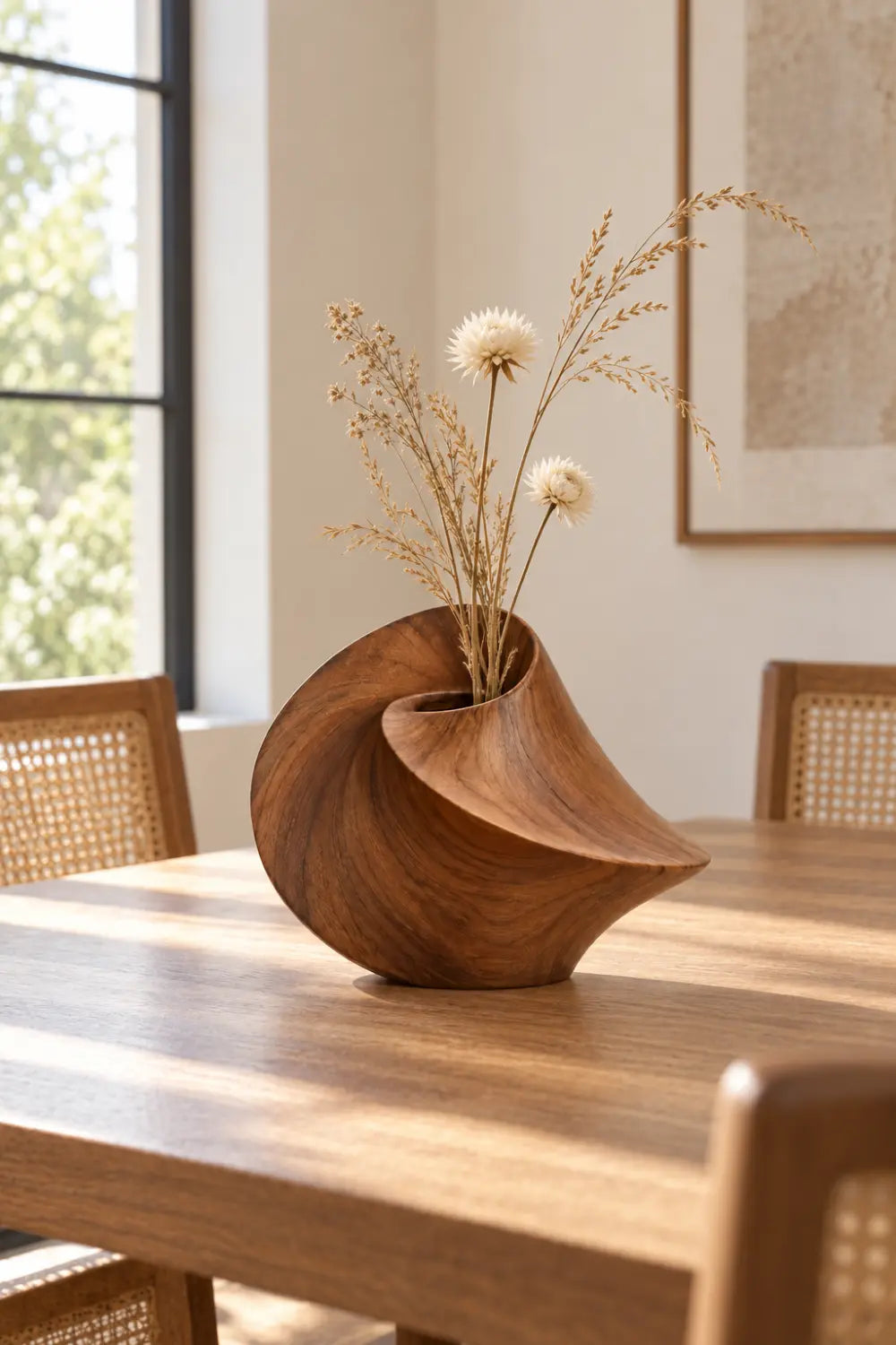 Sculptural Swirling Wooden Vase | Modern Helical Shell Vessel Tabletop Decor