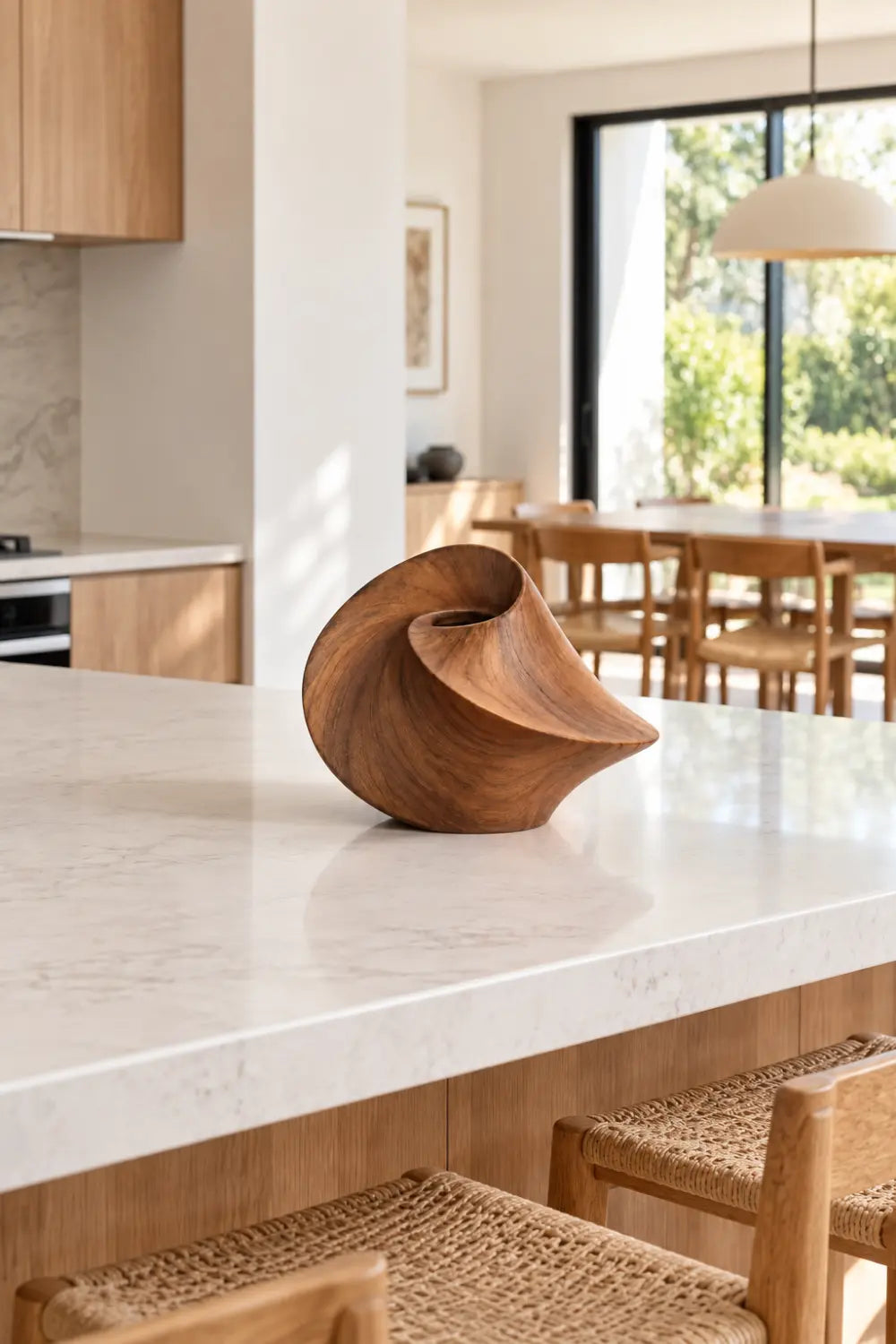 Sculptural Swirling Wooden Vase | Modern Helical Shell Vessel Tabletop Decor