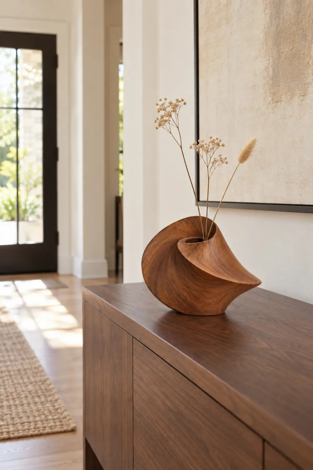 Sculptural Swirling Wooden Vase | Modern Helical Shell Vessel Tabletop Decor