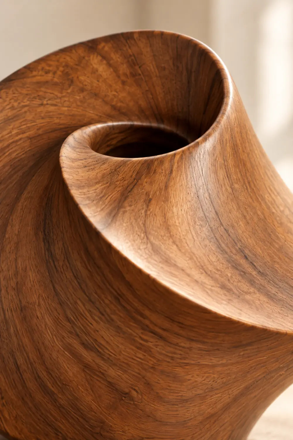 Sculptural Swirling Wooden Vase | Modern Helical Shell Vessel Tabletop Decor