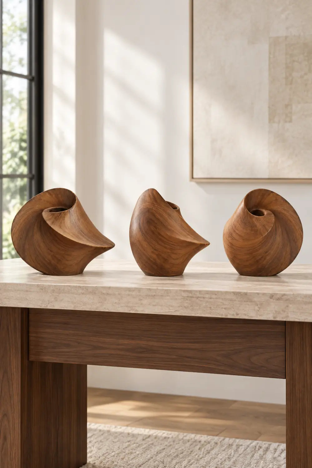 Sculptural Swirling Wooden Vase | Modern Helical Shell Vessel Tabletop Decor