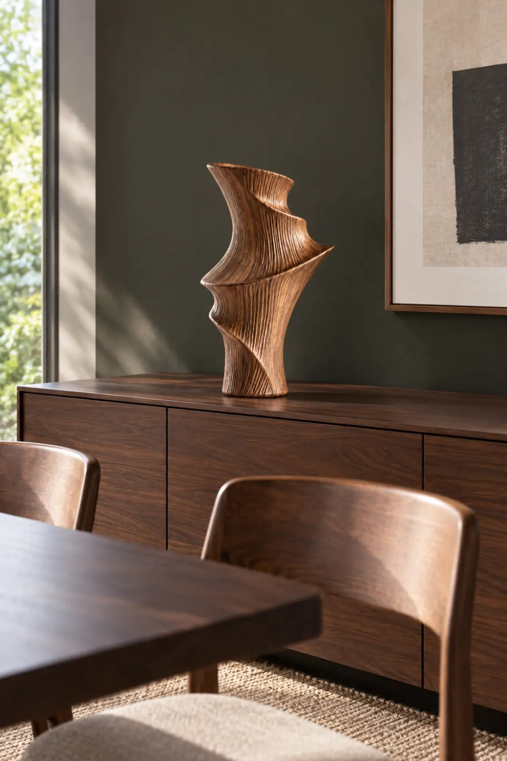 Twisted Fluted Wooden Vase Sculpture | Striated Spiral Vessel Accent Decor