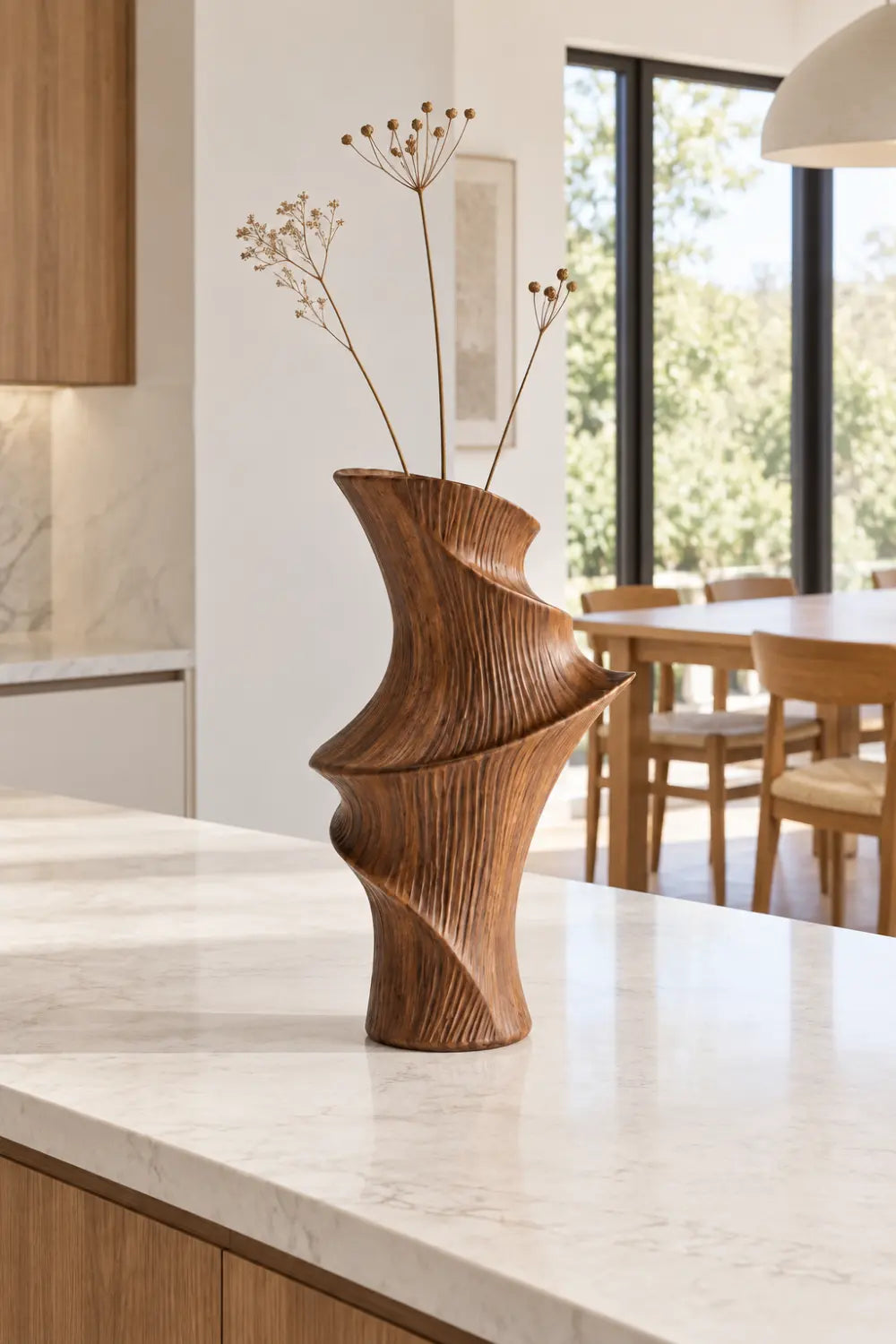 Twisted Fluted Wooden Vase Sculpture | Striated Spiral Vessel Accent Decor