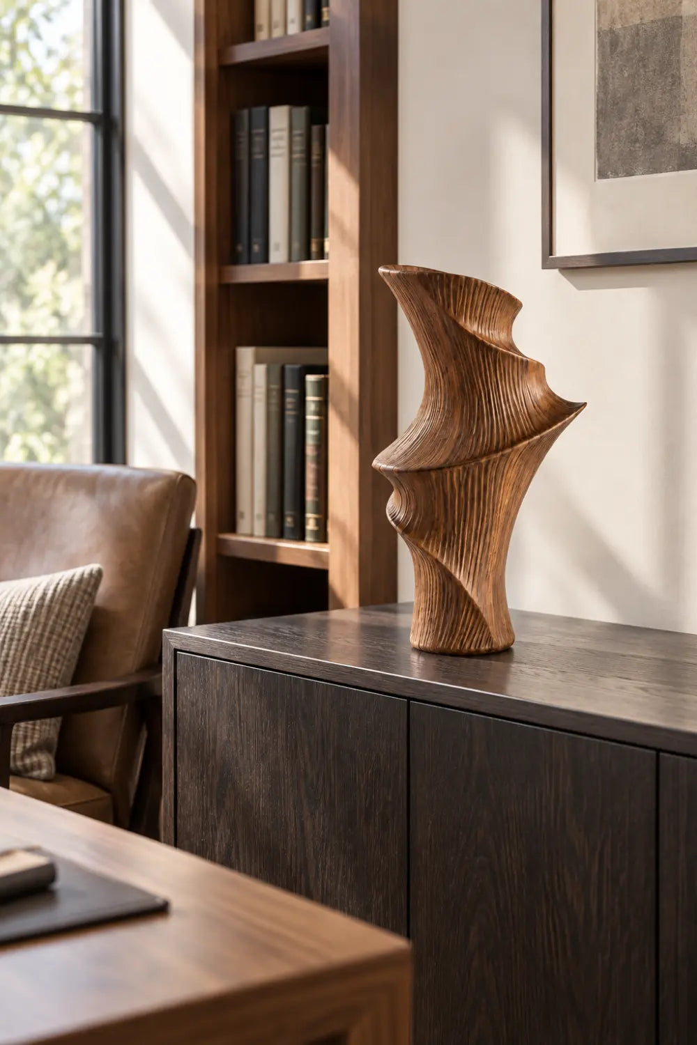 Twisted Fluted Wooden Vase Sculpture | Striated Spiral Vessel Accent Decor