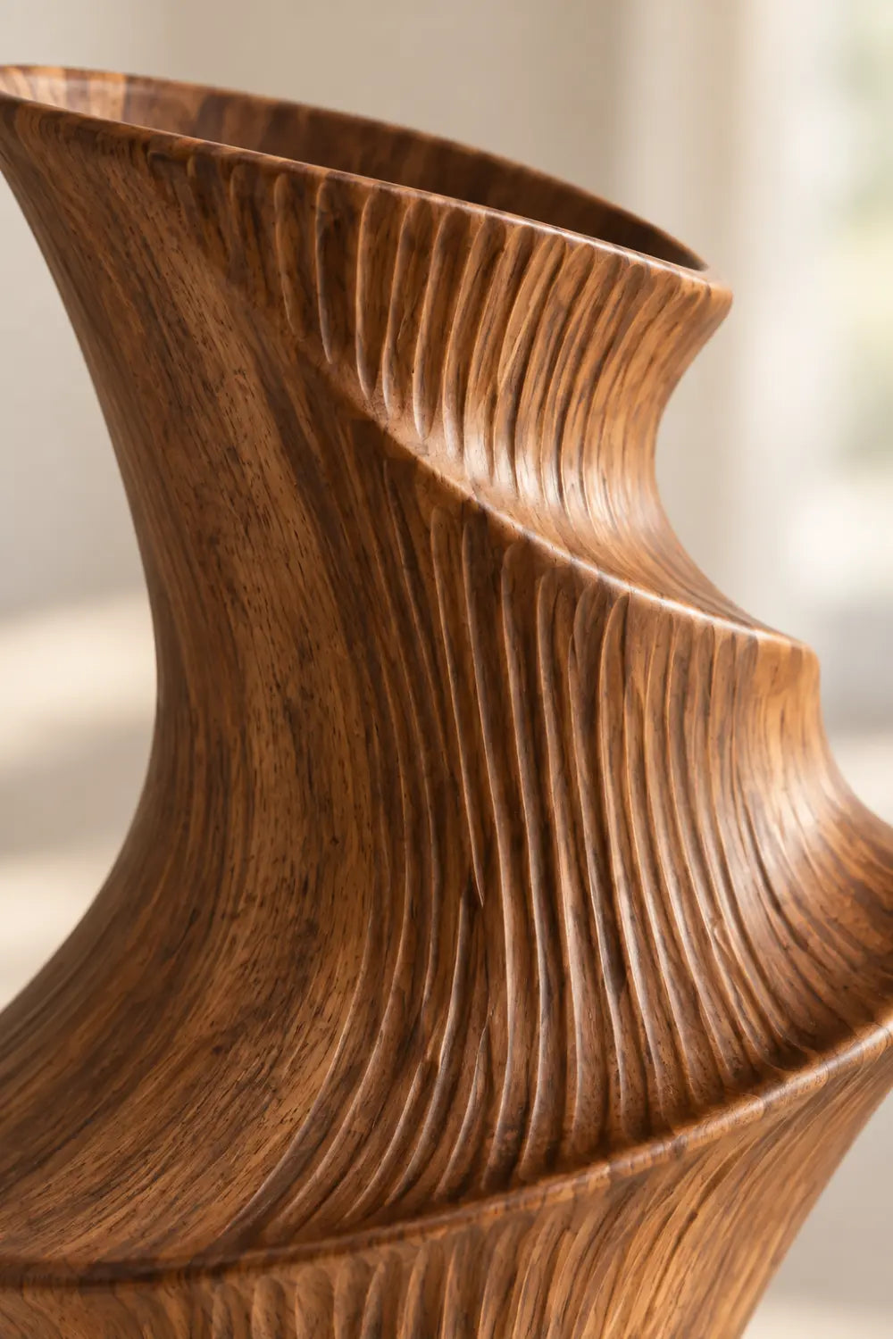 Twisted Fluted Wooden Vase Sculpture | Striated Spiral Vessel Accent Decor