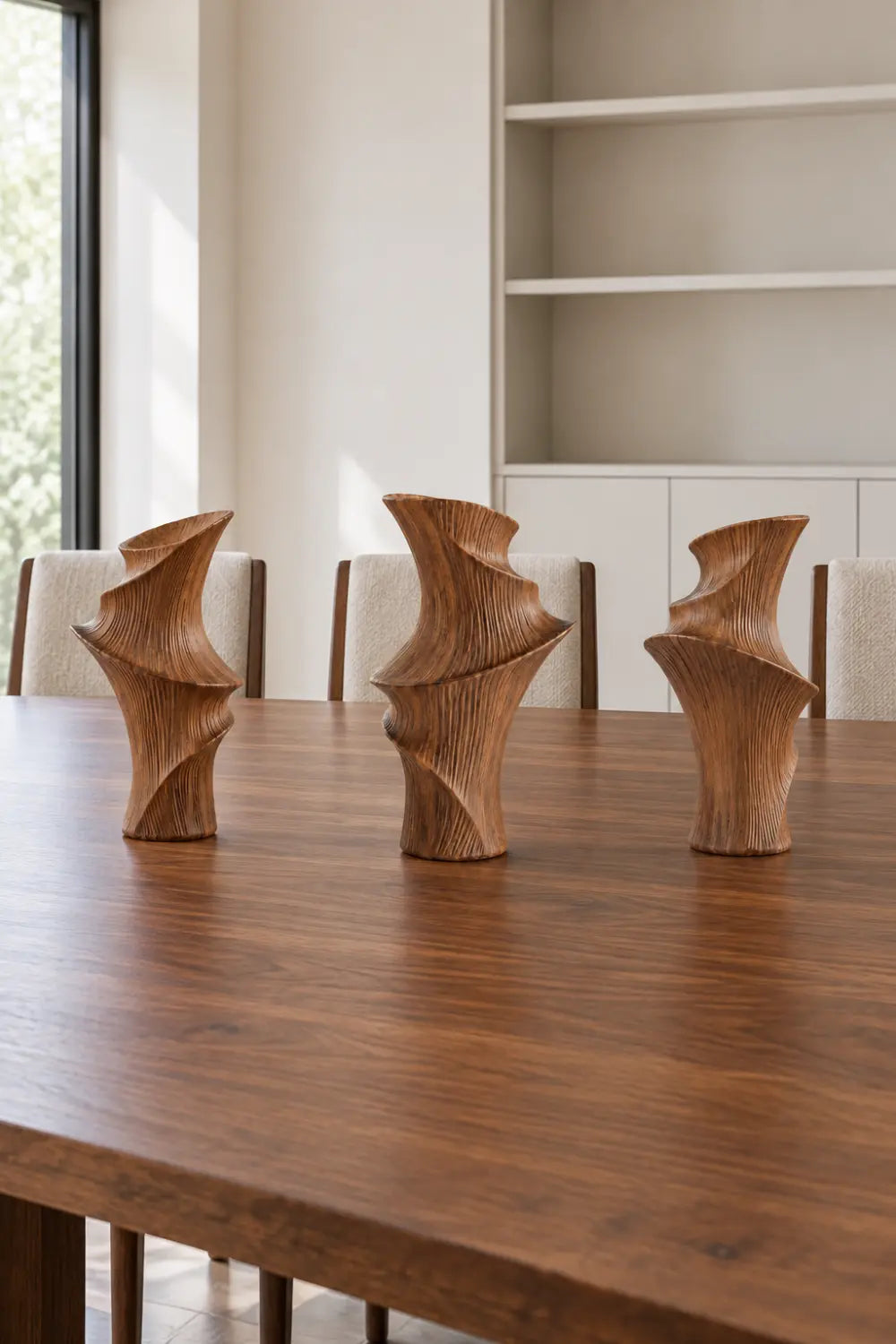 Twisted Fluted Wooden Vase Sculpture | Striated Spiral Vessel Accent Decor