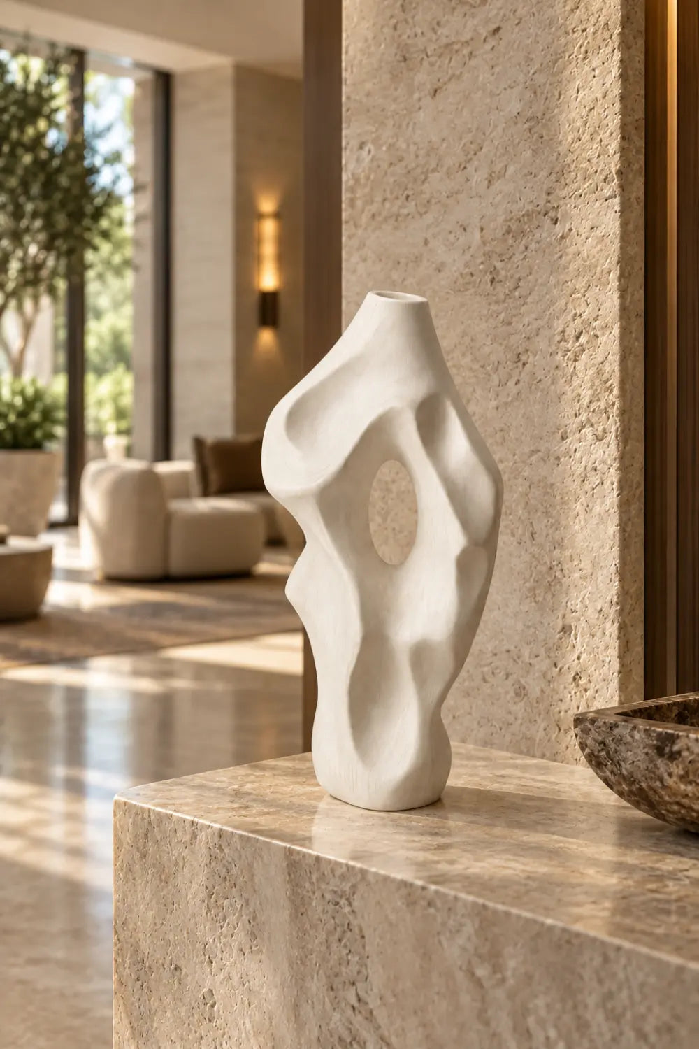 Minimalist Bleached Wooden Vase Sculpture | Modern Hollow Biomorphic Vessel Decor