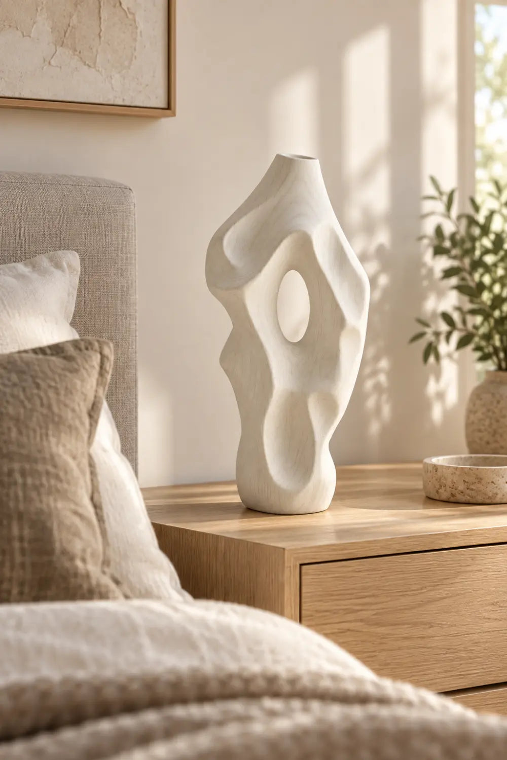 Minimalist Bleached Wooden Vase Sculpture | Modern Hollow Biomorphic Vessel Decor