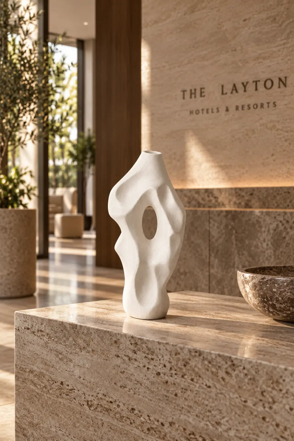 Minimalist Bleached Wooden Vase Sculpture | Modern Hollow Biomorphic Vessel Decor