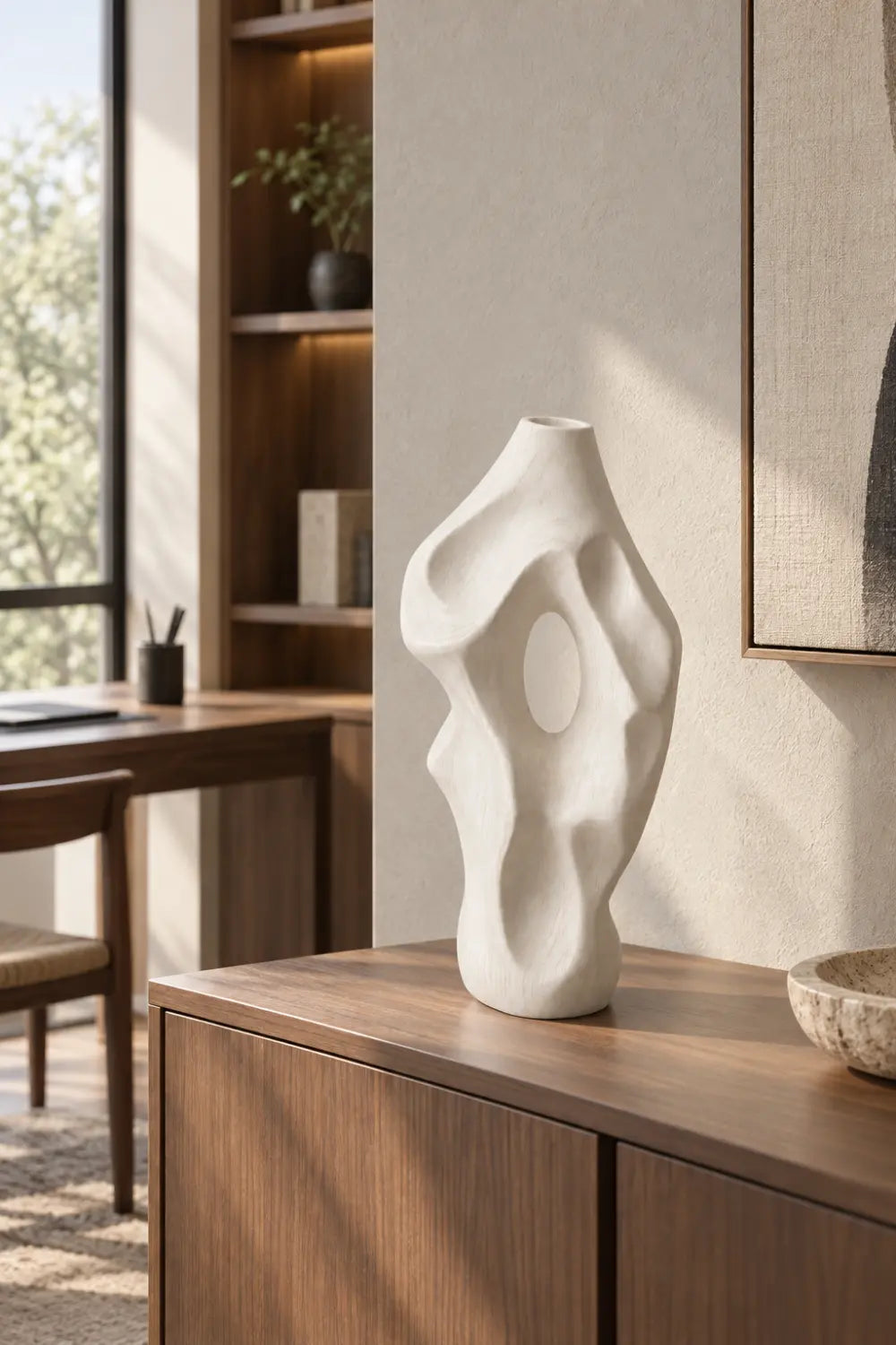 Minimalist Bleached Wooden Vase Sculpture | Modern Hollow Biomorphic Vessel Decor