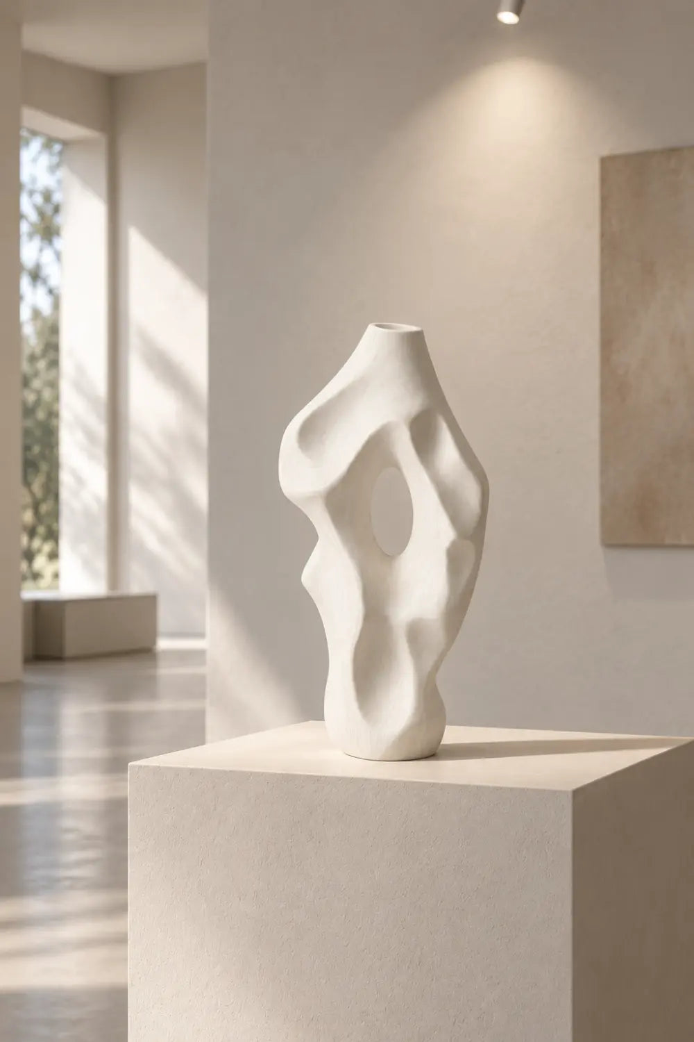 Minimalist Bleached Wooden Vase Sculpture | Modern Hollow Biomorphic Vessel Decor
