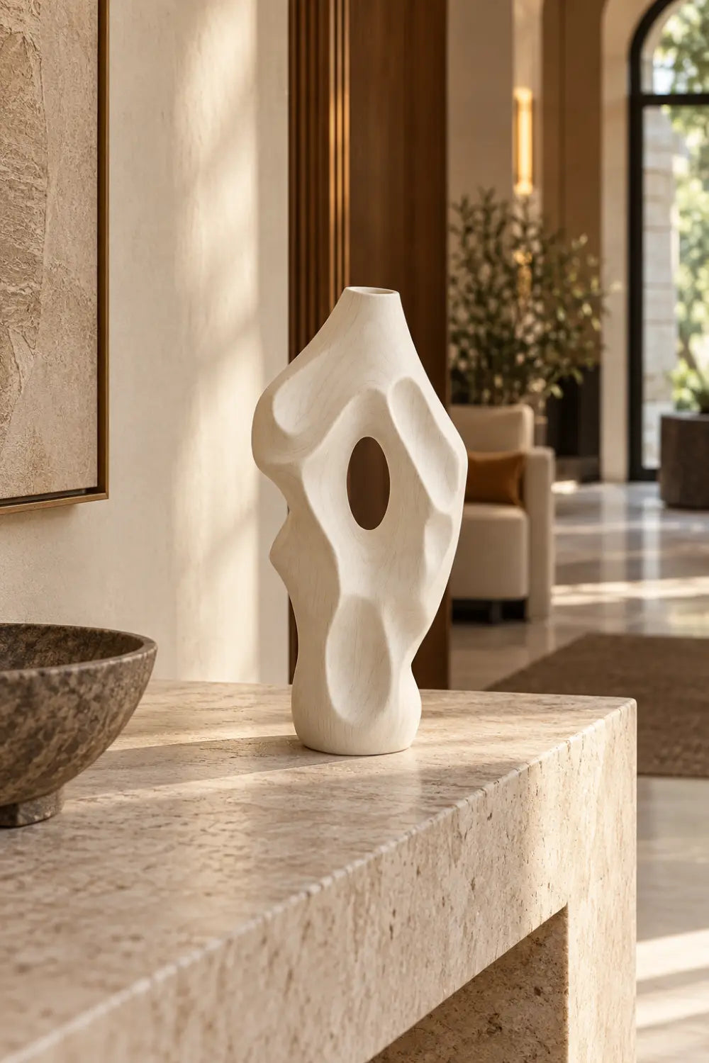 Minimalist Bleached Wooden Vase Sculpture | Modern Hollow Biomorphic Vessel Decor