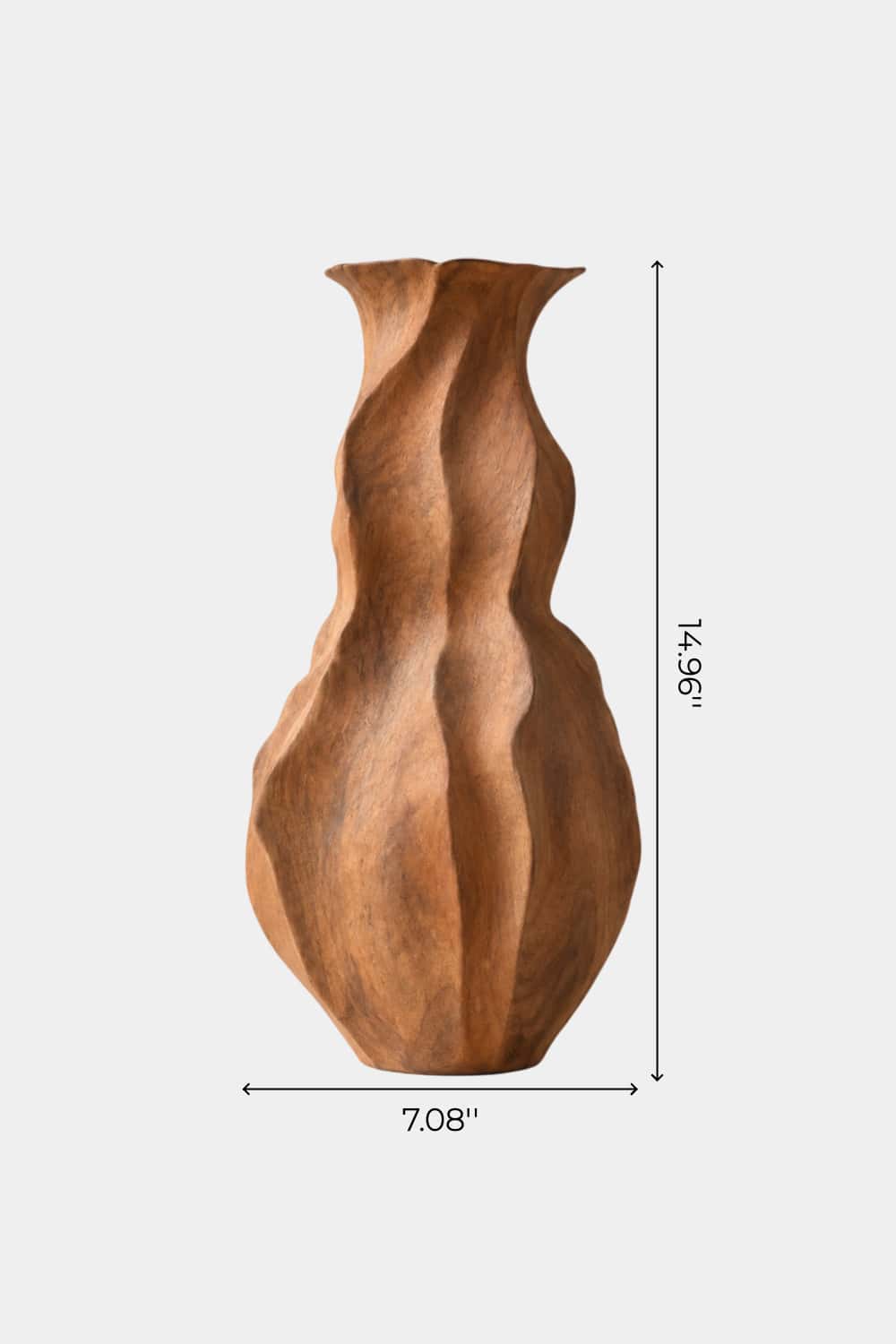 Wavy Fluted Wooden Vase Sculpture | Organic Undulating Vessel Tabletop Decor